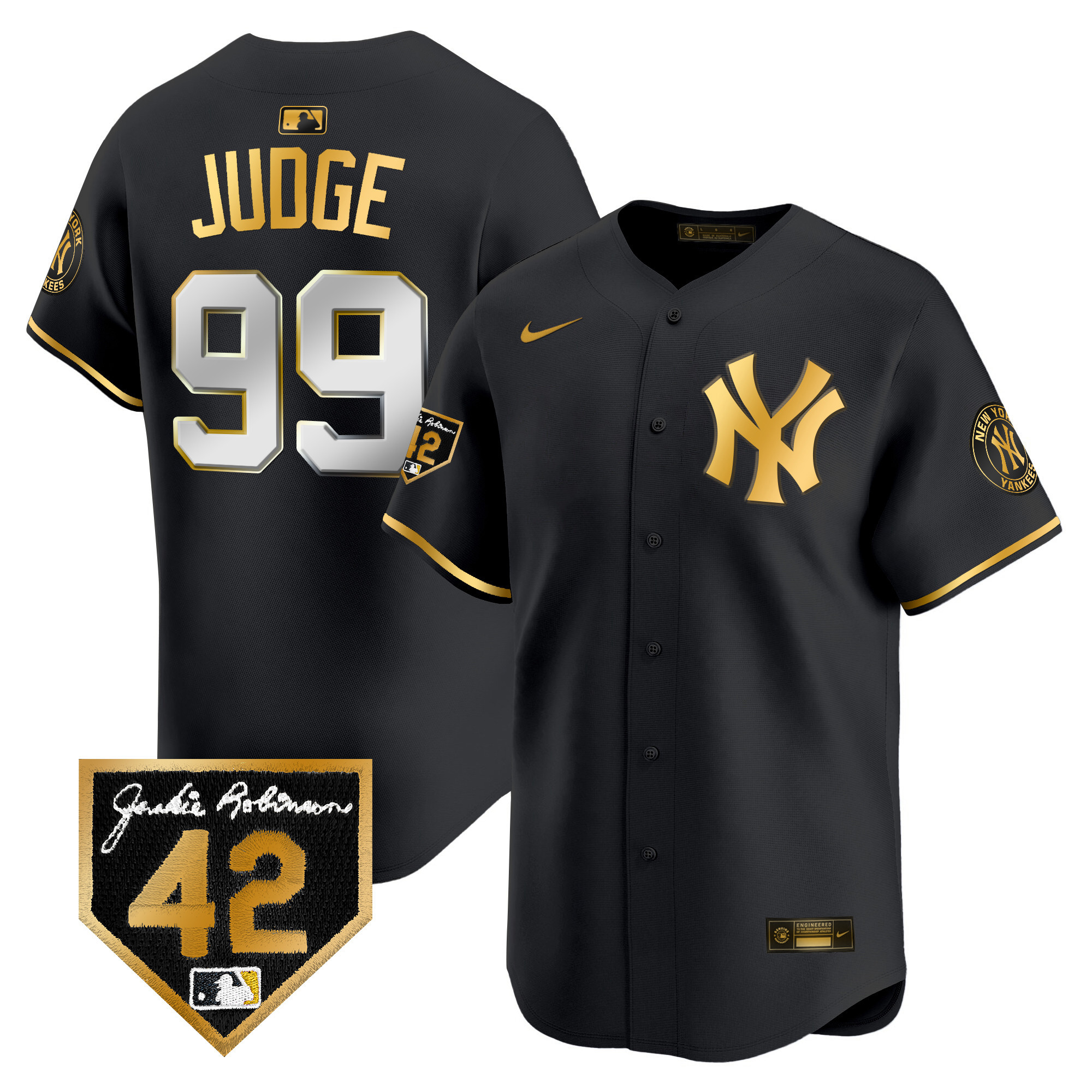 Aaron Judge Men's New York Yankees 2024 Jackie Robinson Patch Vapor Premier Limited Black Gold Jersey V35