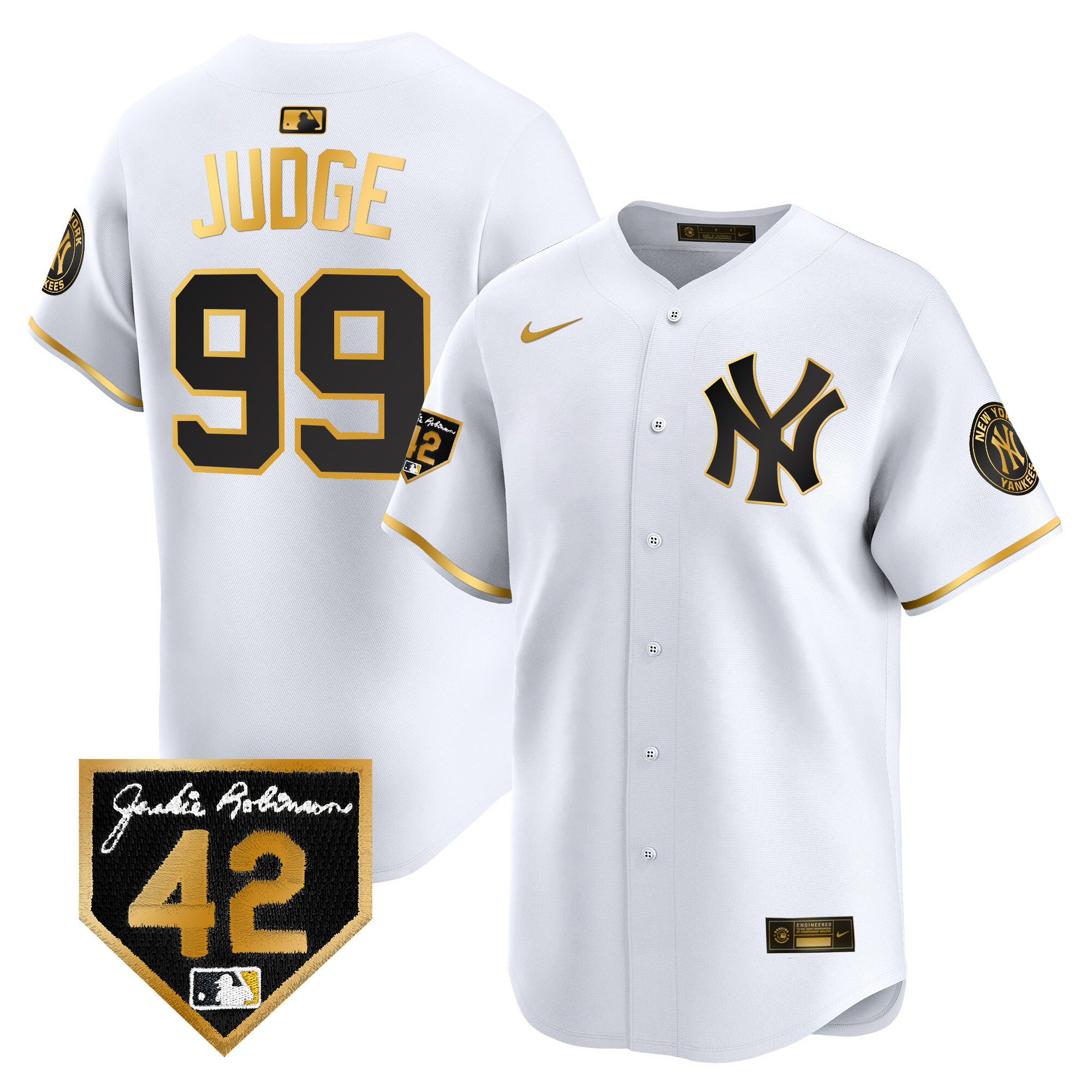 Aaron Judge Men's New York Yankees 2024 Jackie Robinson Patch Vapor Premier Limited White Gold Jersey V27