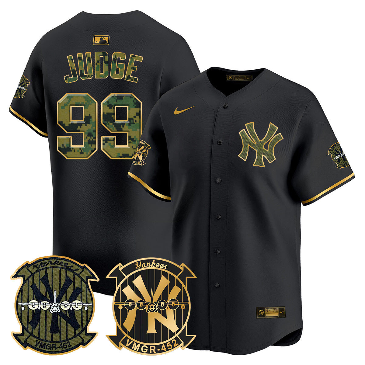 Aaron Judge Men's New York Yankees Woodland USMC Alternate Vapor Premier Limited Black Gold Jersey V20
