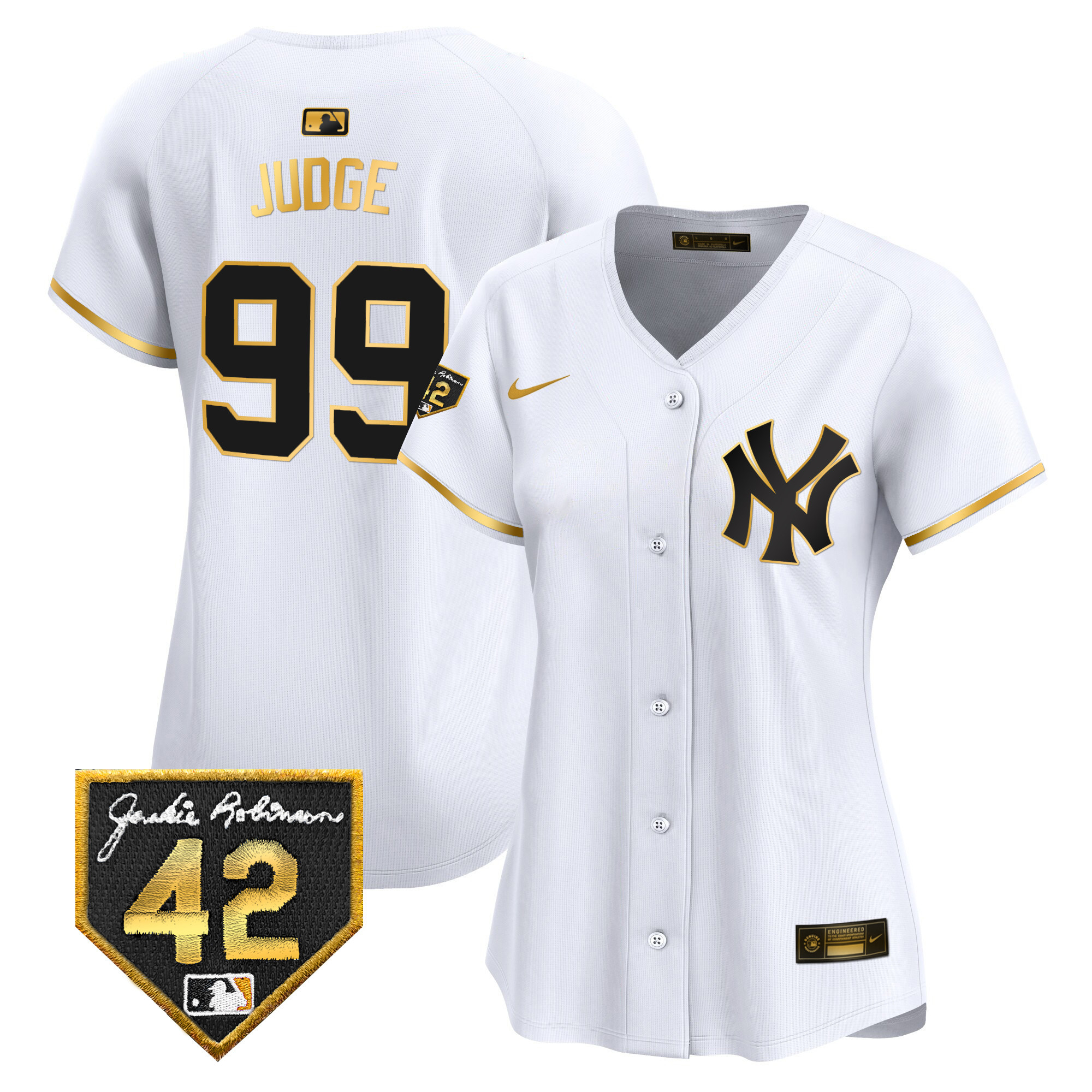 Aaron Judge Women's New York Yankees 2024 Jackie Robinson Patch Vapor Premier Limited White Gold Jersey V69