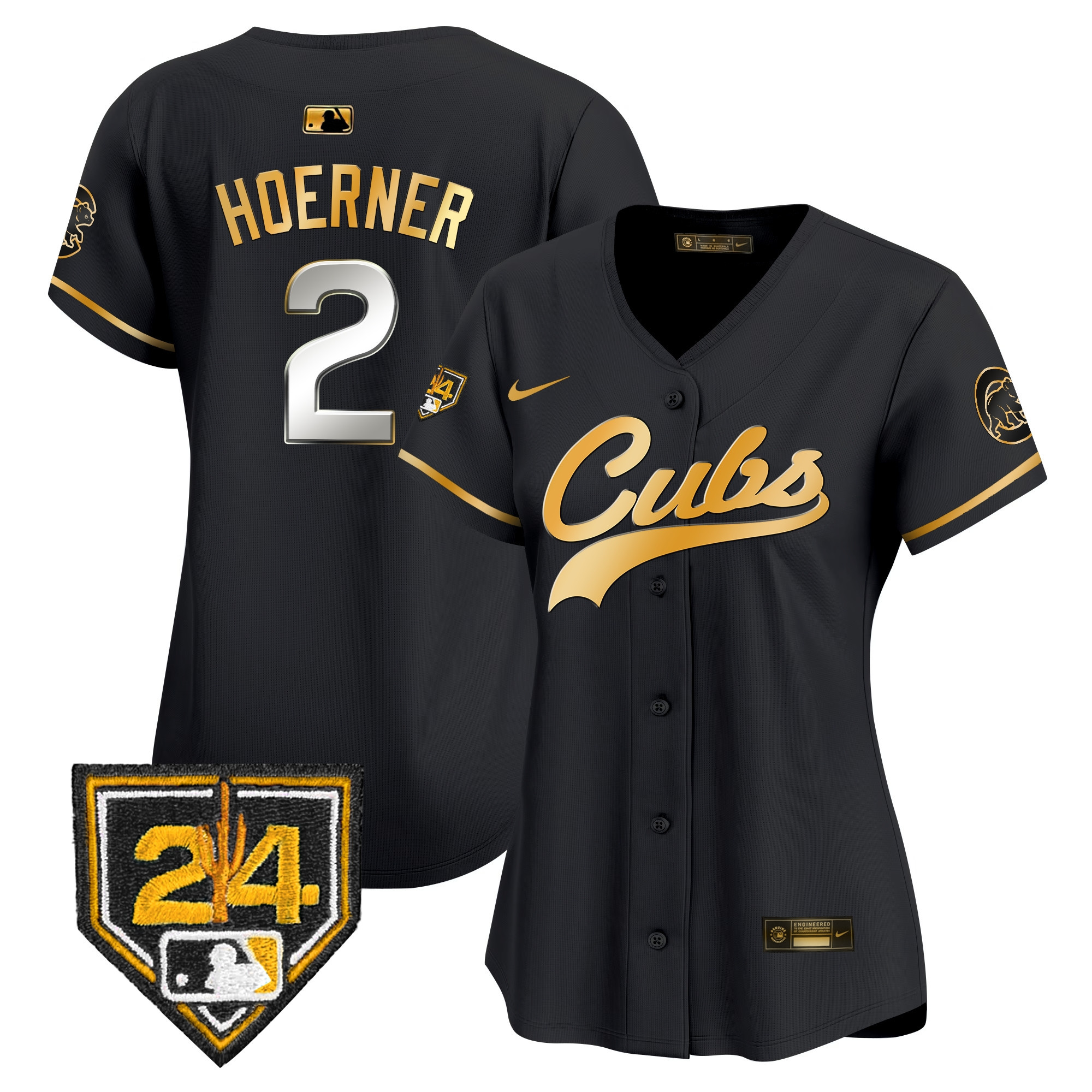Nico Hoerner Women's Chicago Cubs 2024 Spring Training Patch Vapor Premier Limited Black Gold Jersey - All Stitched