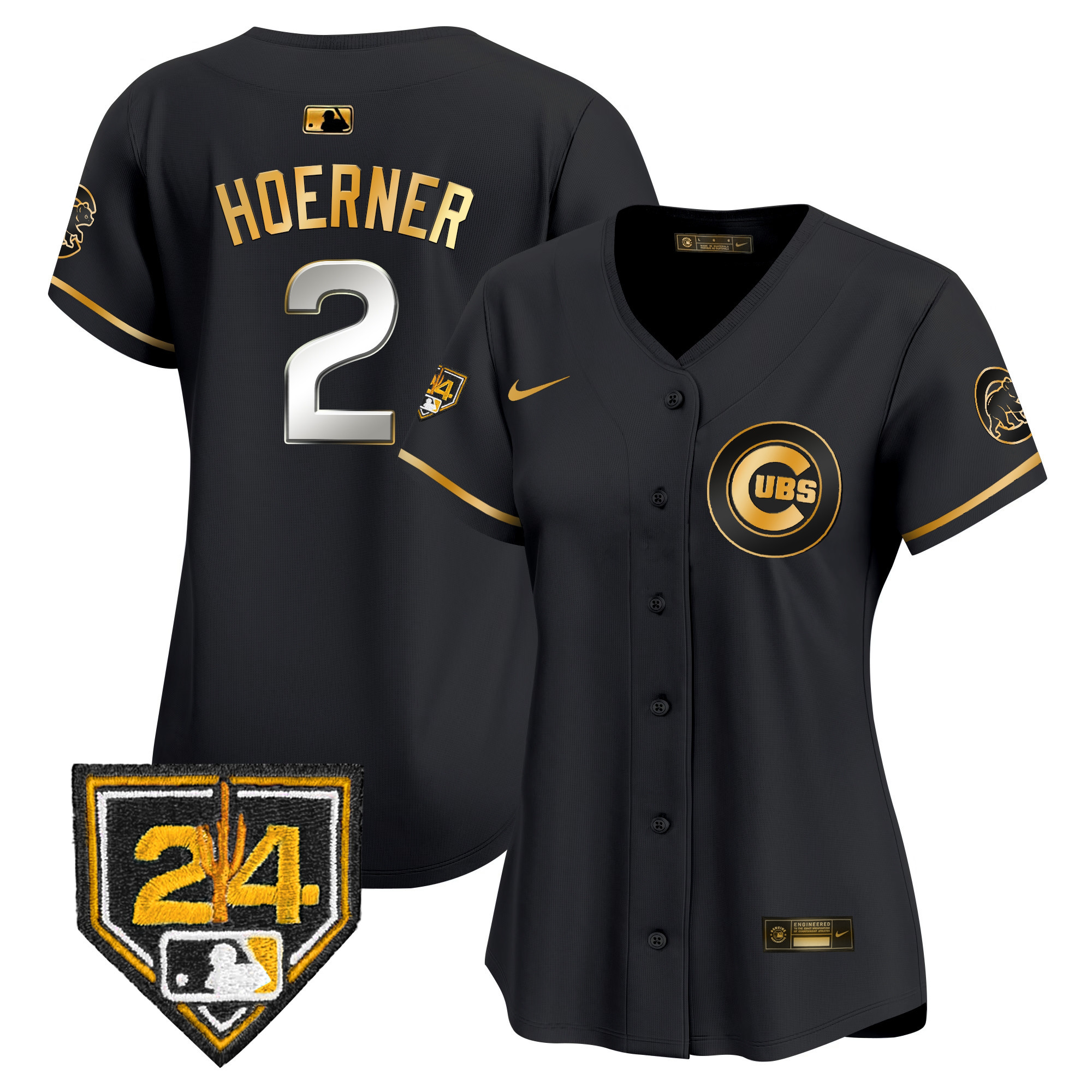 Nico Hoerner Women's Chicago Cubs 2024 Spring Training Patch Vapor Premier Limited V2 Black Gold Jersey - All Stitched