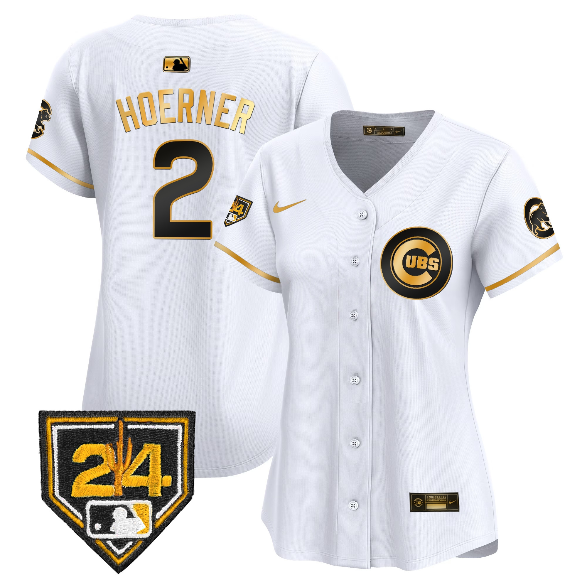 Nico Hoerner Women's Chicago Cubs 2024 Spring Training Patch Vapor Premier Limited V2 White Gold Jersey - All Stitched