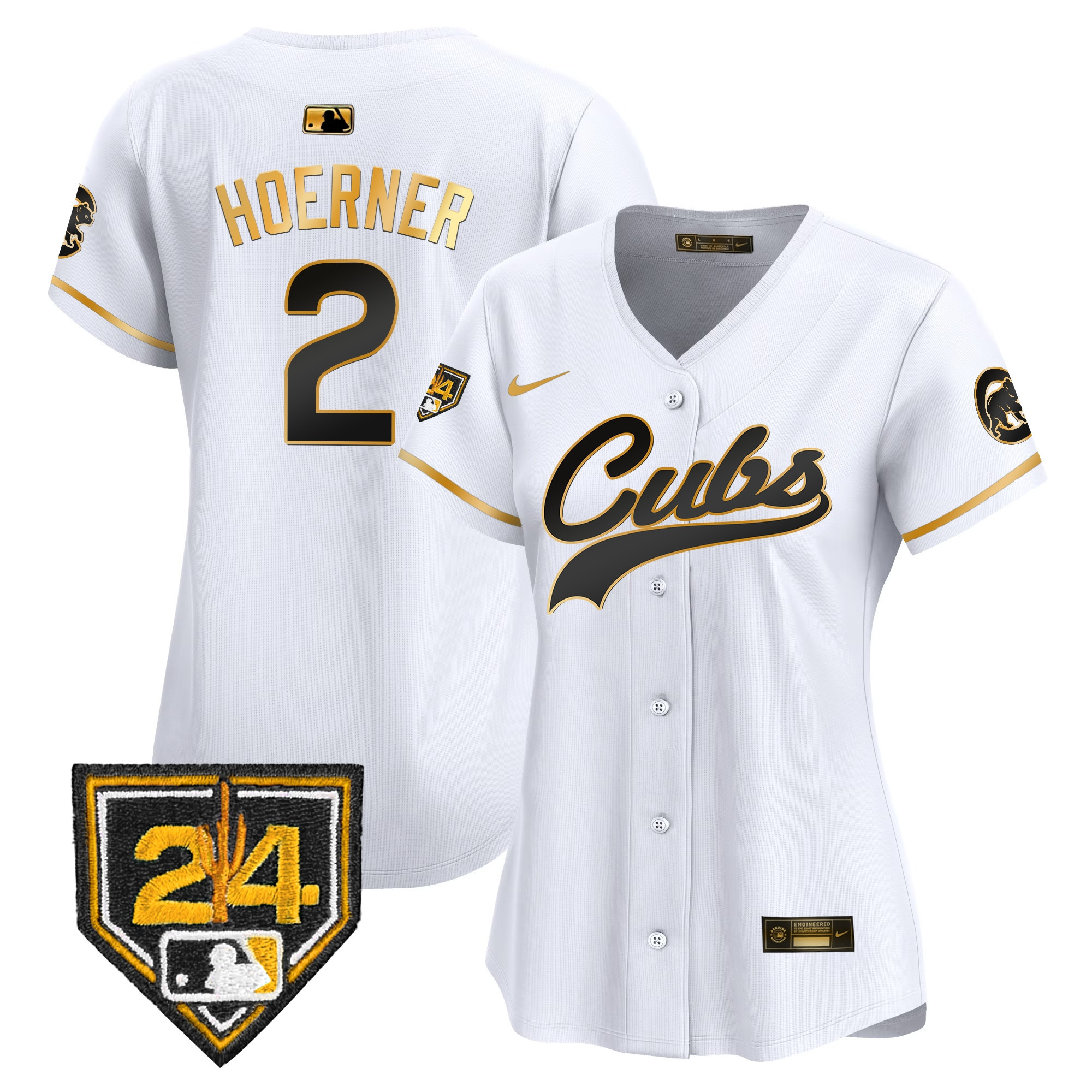 Nico Hoerner Women's Chicago Cubs 2024 Spring Training Patch Vapor Premier Limited White Gold Jersey - All Stitched