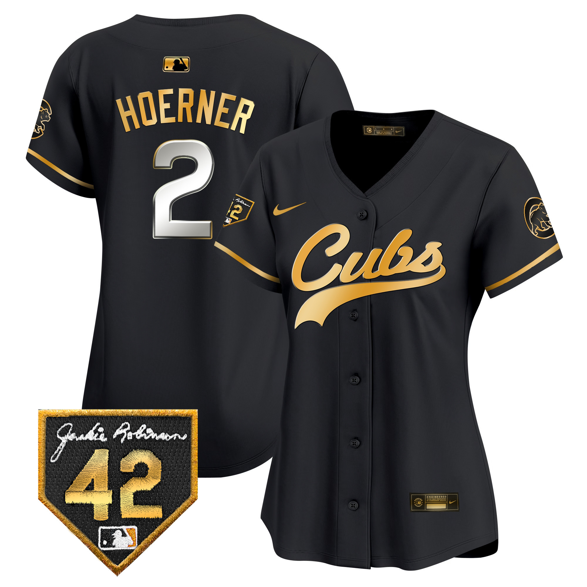 Nico Hoerner Women's Chicago Cubs Jackie Robinson Patch Vapor Premier Limited Black Gold Jersey - All Stitched