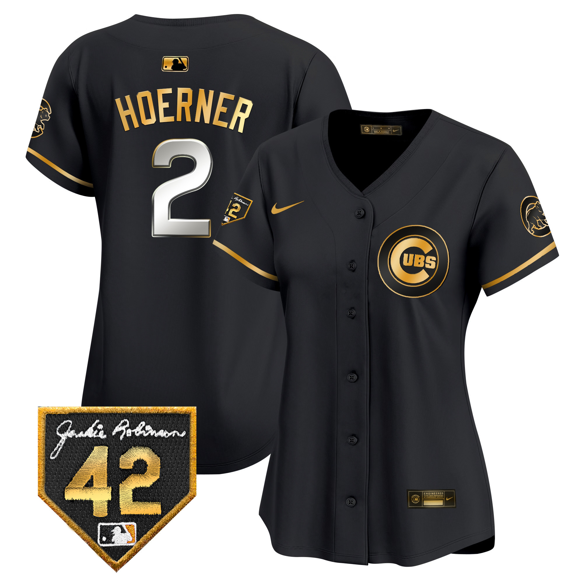 Nico Hoerner Women's Chicago Cubs Jackie Robinson Patch Vapor Premier Limited V2 Black Gold Jersey - All Stitched