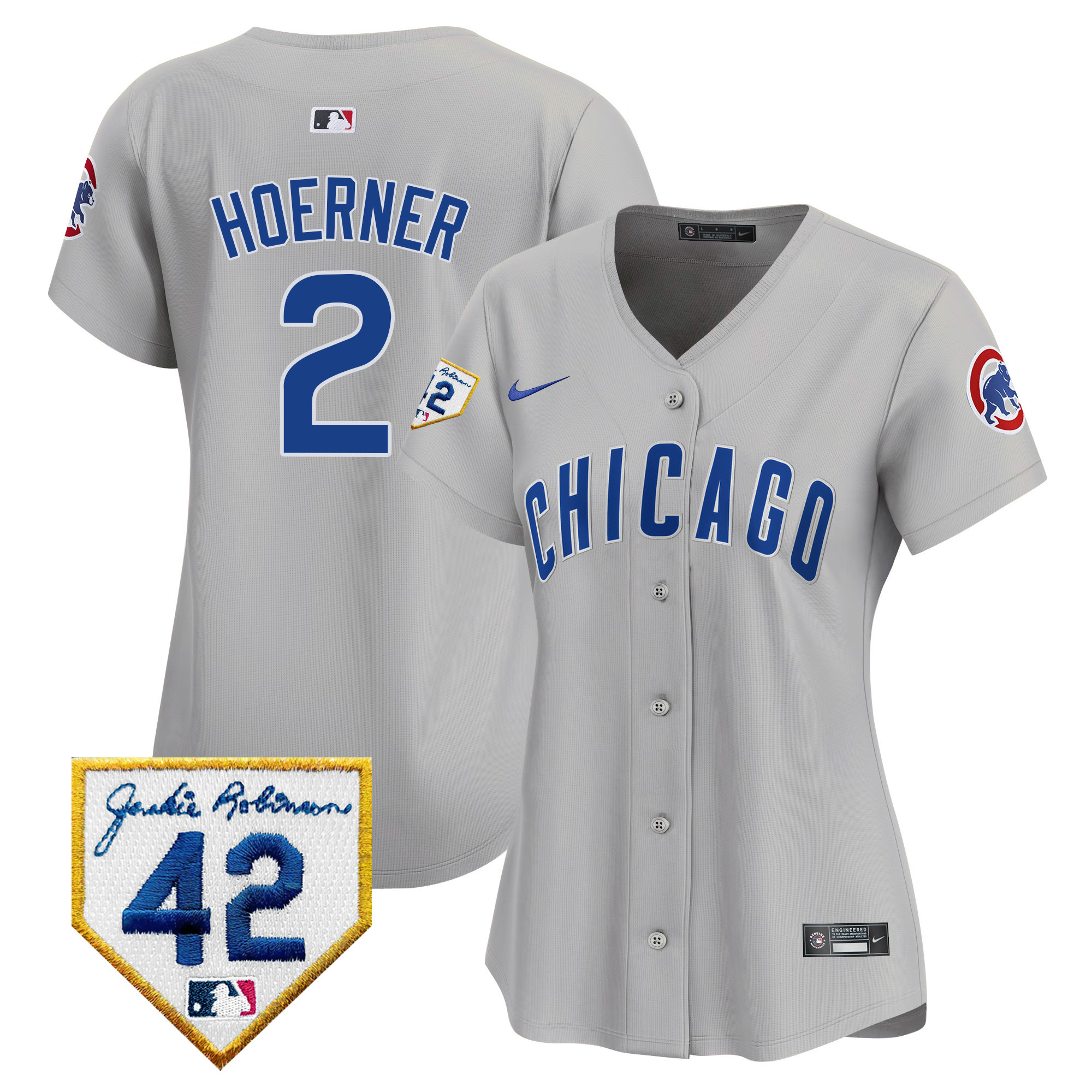 Nico Hoerner Women's Chicago Cubs Jackie Robinson Patch Vapor Premier Limited V2 Gray Road Jersey - All Stitched