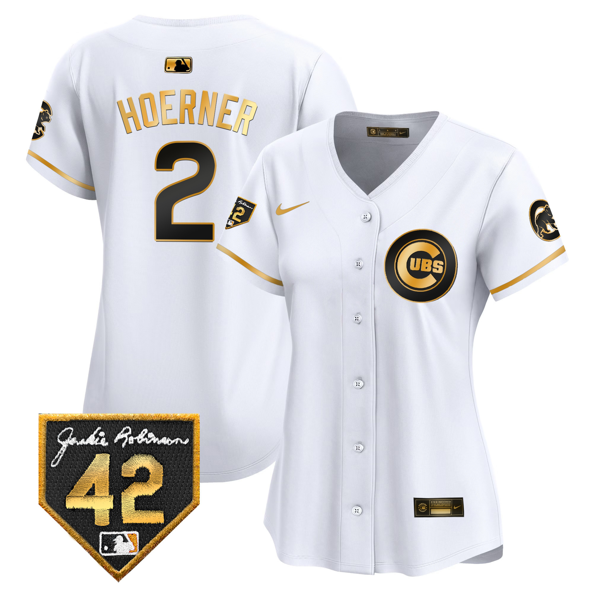 Nico Hoerner Women's Chicago Cubs Jackie Robinson Patch Vapor Premier Limited V2 White Gold Jersey - All Stitched