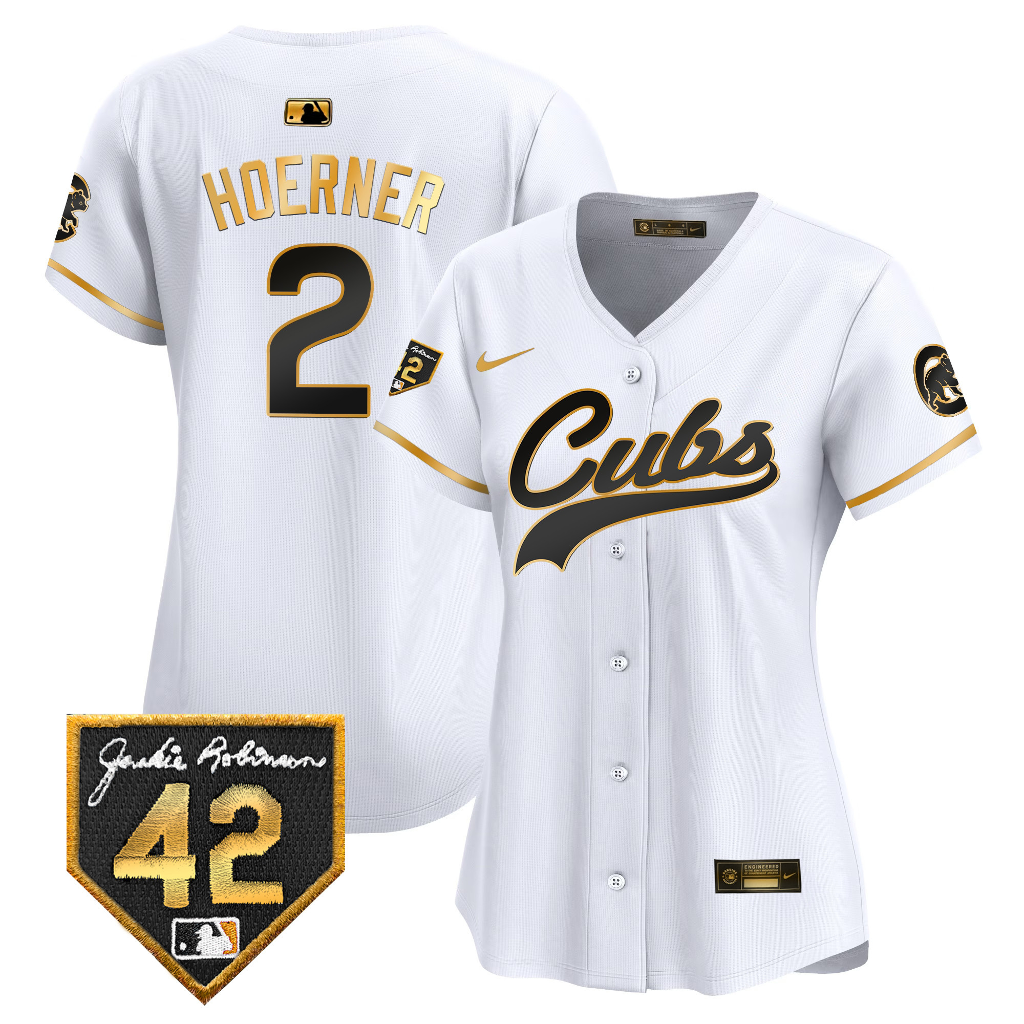 Nico Hoerner Women's Chicago Cubs Jackie Robinson Patch Vapor Premier Limited White Gold Jersey - All Stitched