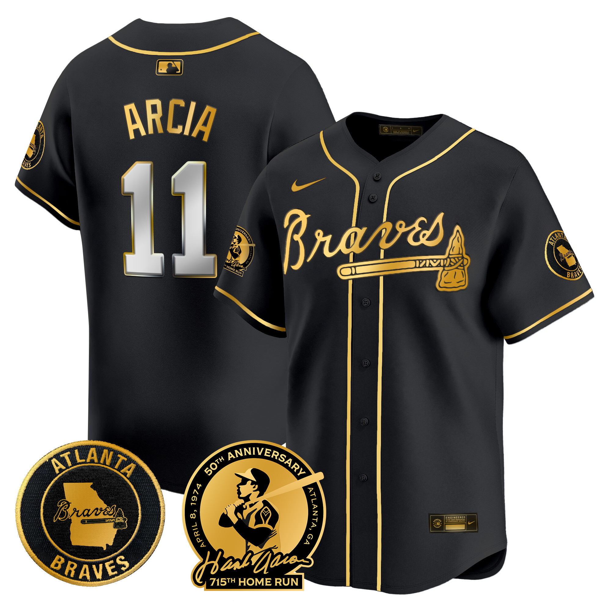 Orlando Arcia Men's Atlanta Braves Hank Aaron 715th Home Run Patch Vapor Premier Limited Black Gold Jersey - All Stitched