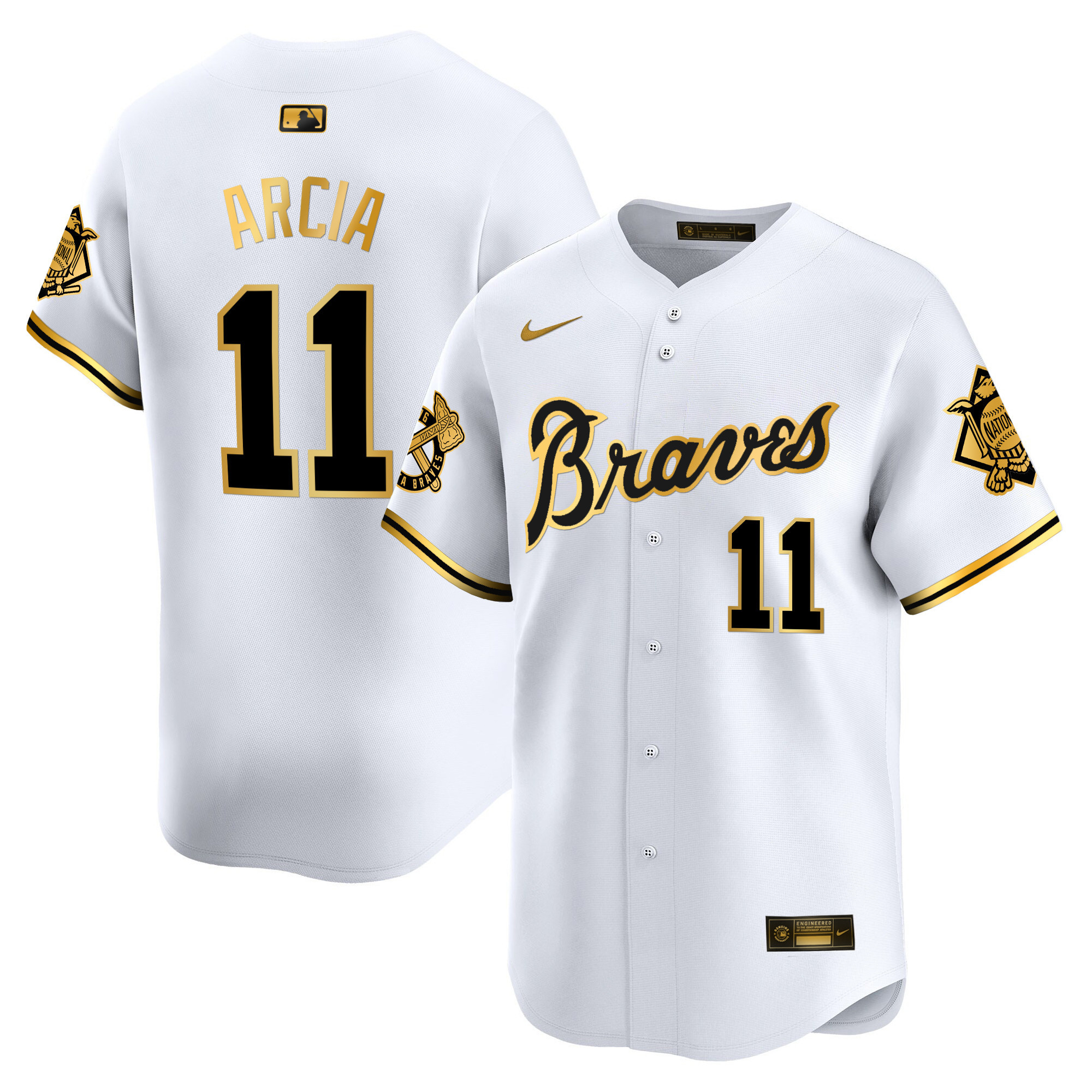 Orlando Arcia Men's Atlanta Braves Peaches n' Cream Vapor Premier Limited White Gold Jersey - All Stitched