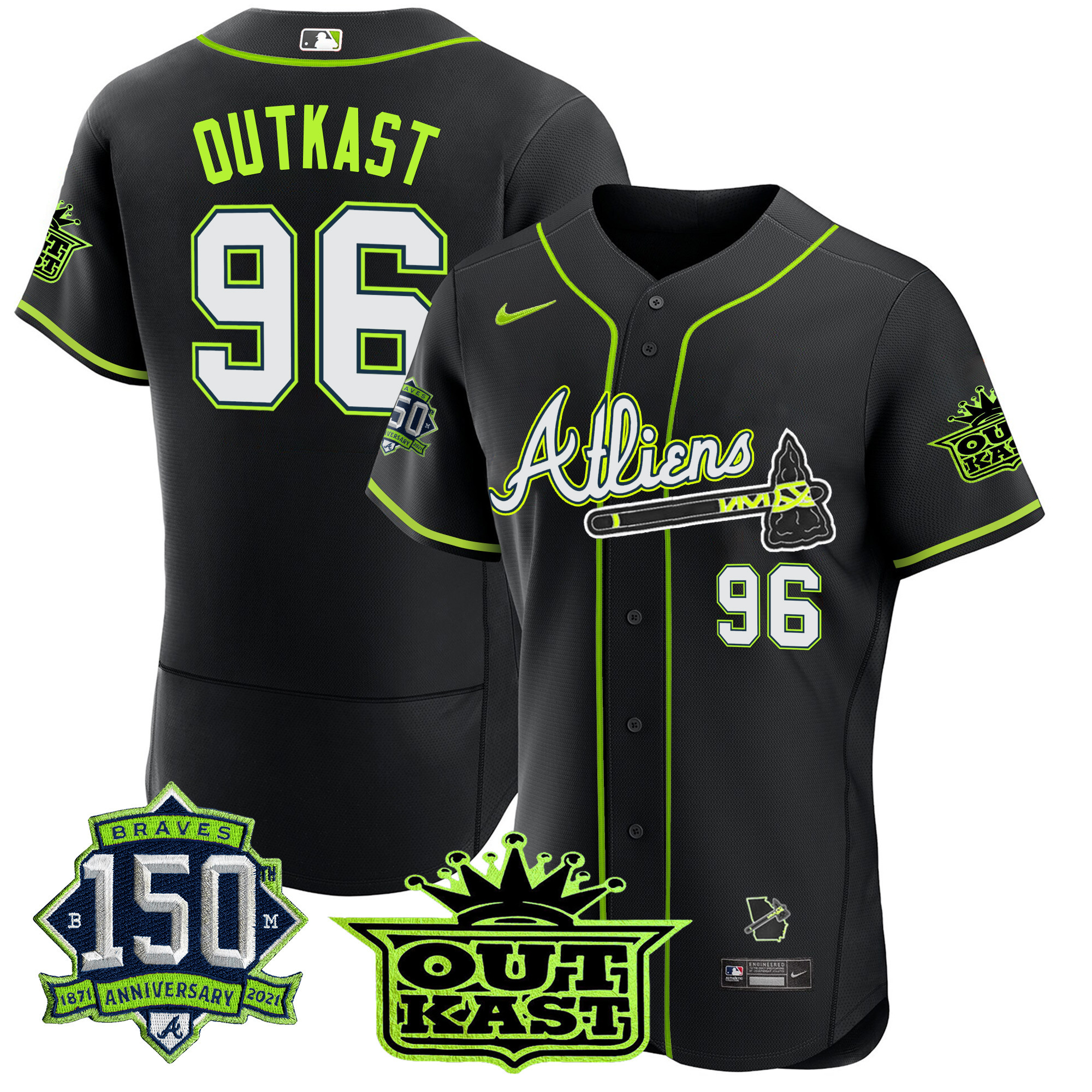 OutKast Men's Atlanta Braves Atliens 150th Anniversary Patch Flex Base Black Jersey - All Stitched
