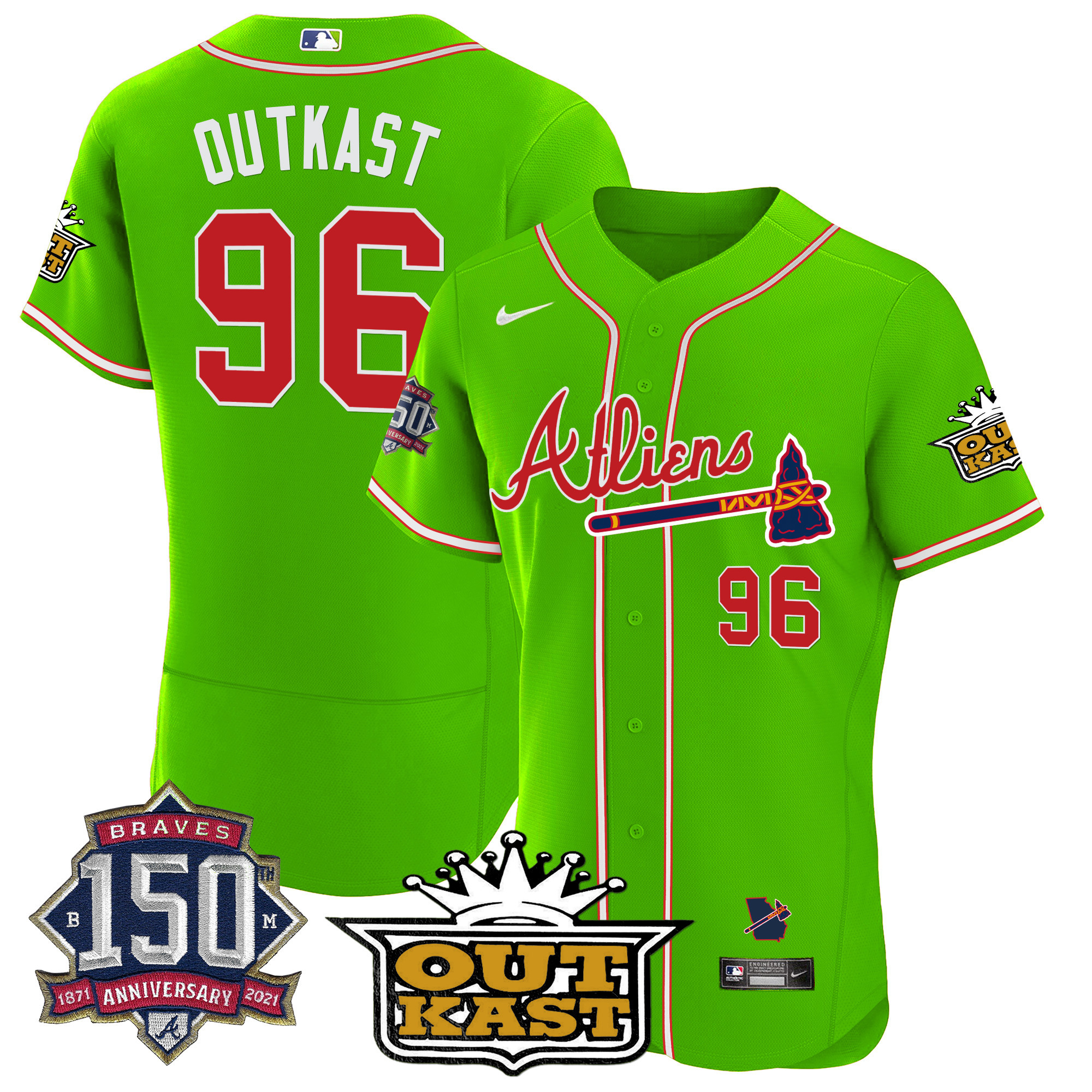 OutKast Men's Atlanta Braves Atliens 150th Anniversary Patch Flex Base Bright Green Jersey - All Stitched