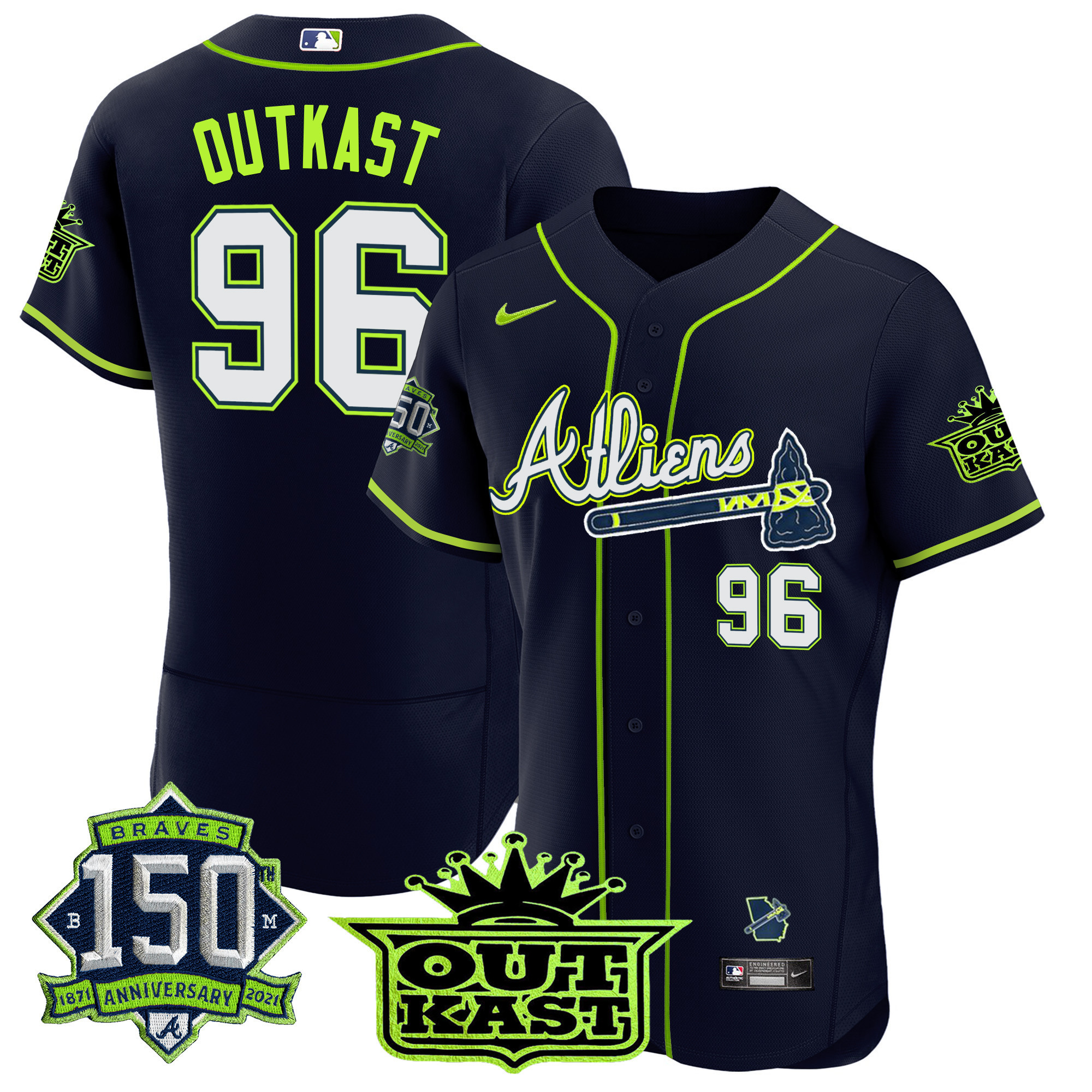 OutKast Men's Atlanta Braves Atliens 150th Anniversary Patch Flex Base Jersey - All Stitched