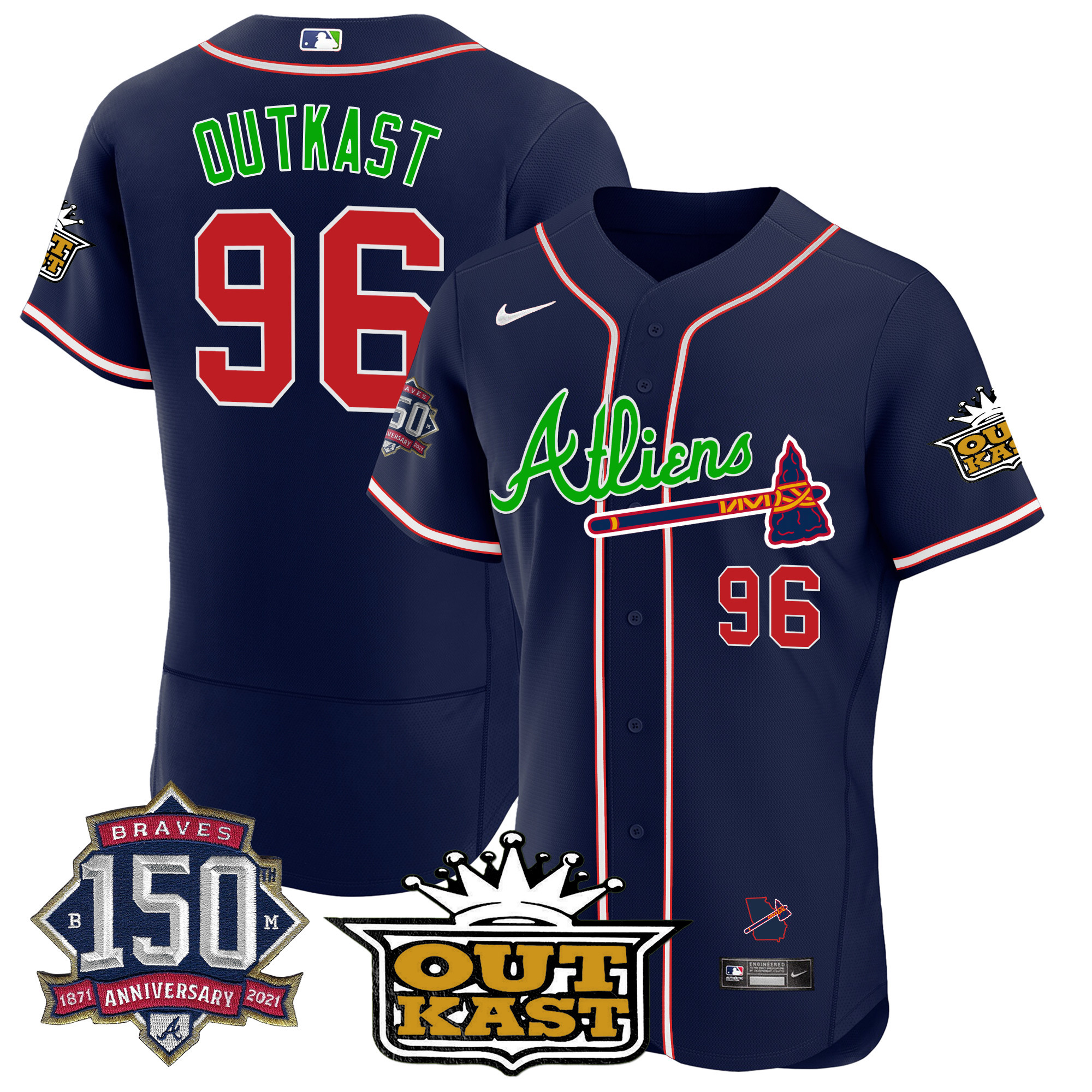 OutKast Men's Atlanta Braves Atliens 150th Anniversary Patch Flex Base Navy Jersey - All Stitched