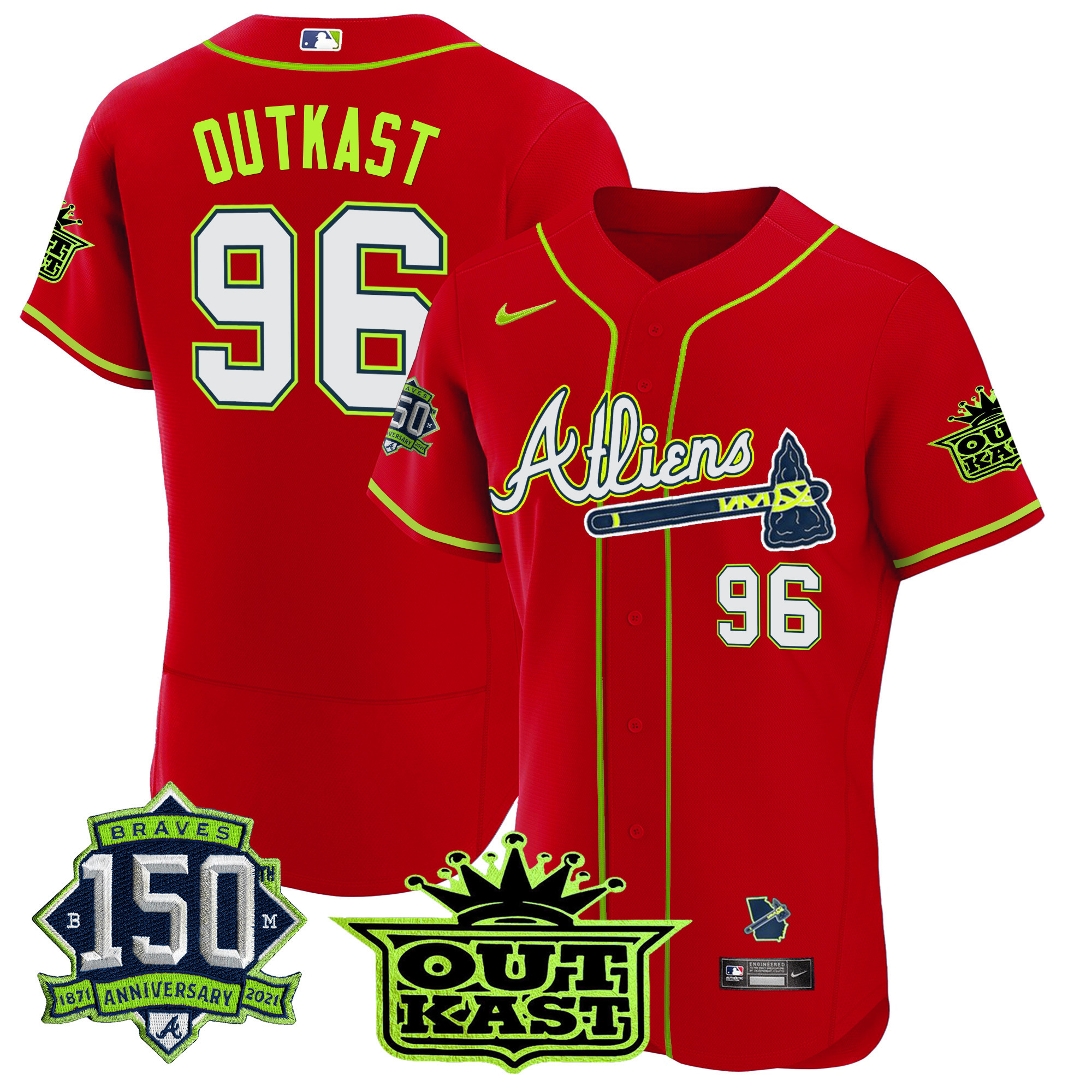 OutKast Men's Atlanta Braves Atliens 150th Anniversary Patch Flex Base Red Jersey - All Stitched