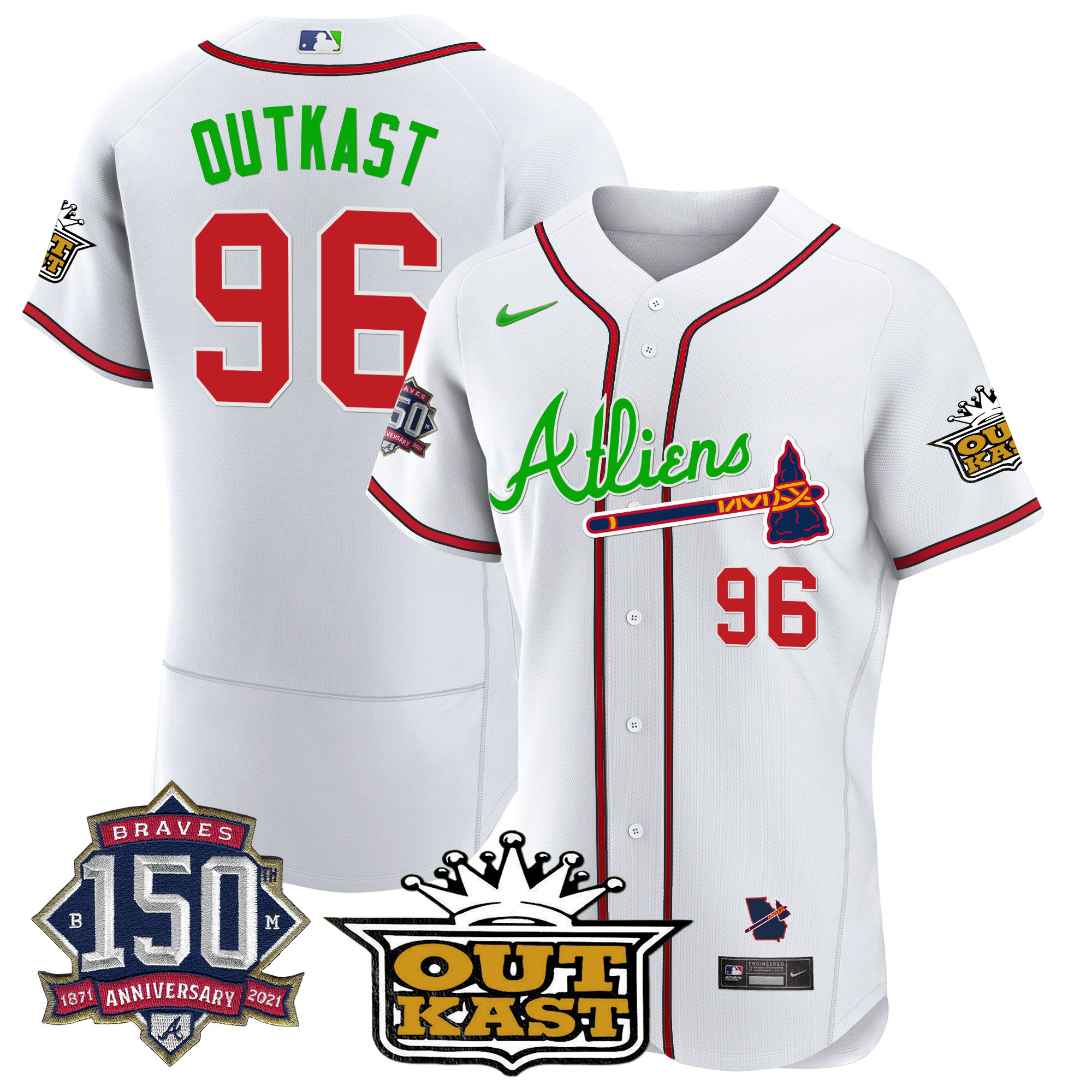 OutKast Men's Atlanta Braves Atliens 150th Anniversary Patch Flex Base White Jersey - All Stitched