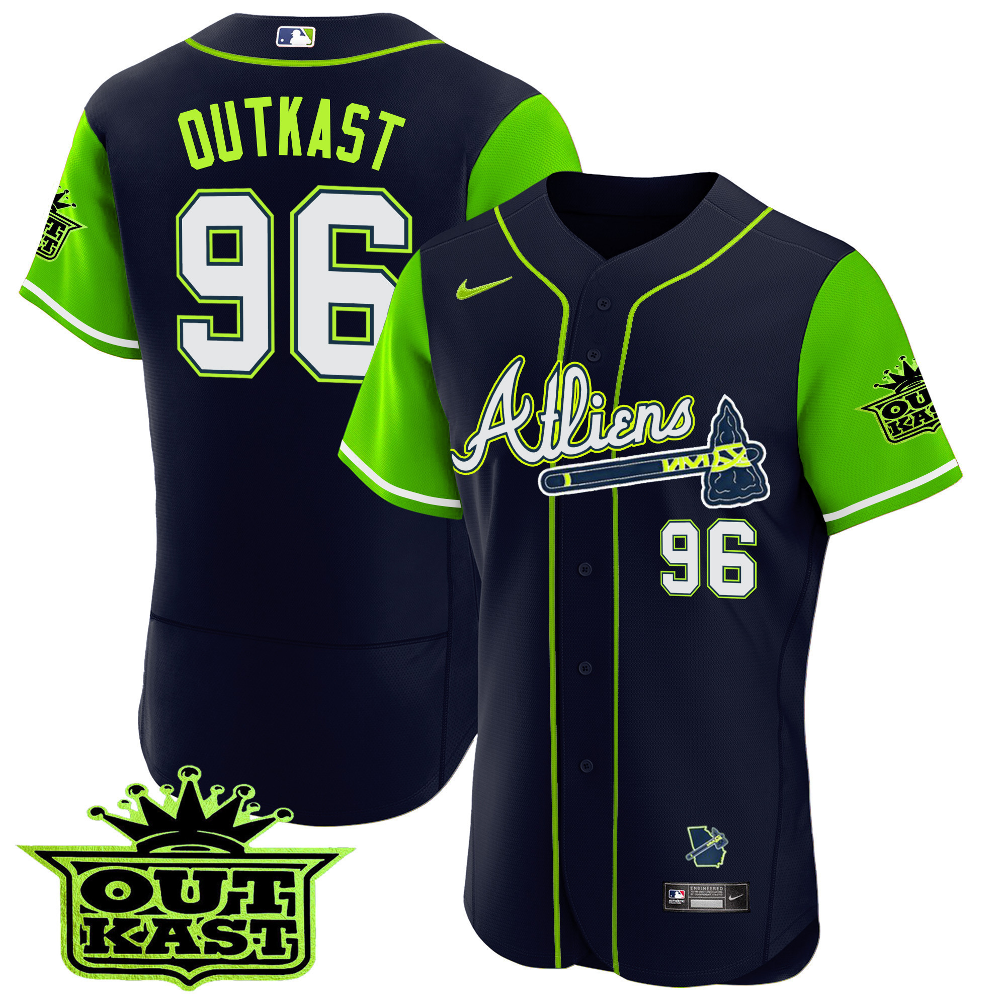 OutKast Men's Atlanta Braves Atliens Alternate Flex Base Green Sleeves Jersey - All Stitched