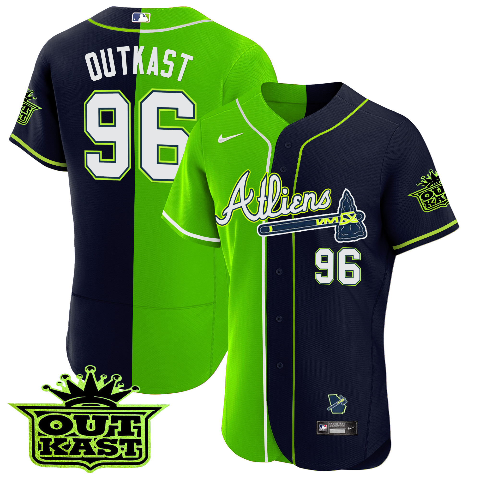 OutKast Men's Atlanta Braves Atliens Alternate Flex Base Green Split Jersey - All Stitched