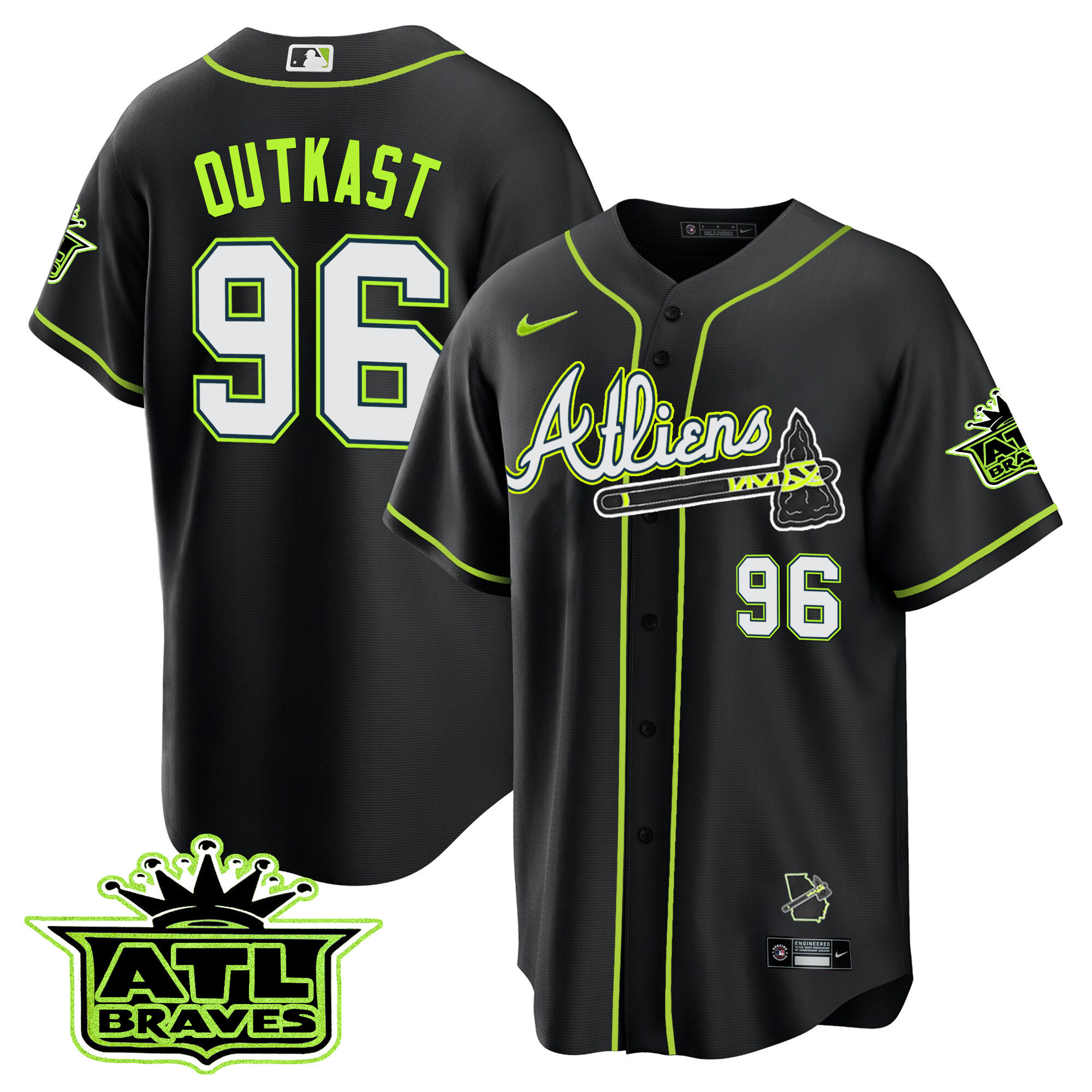 OutKast Men's Atlanta Braves Atliens ATL Patch Cool Base Black Jersey - All Stitched