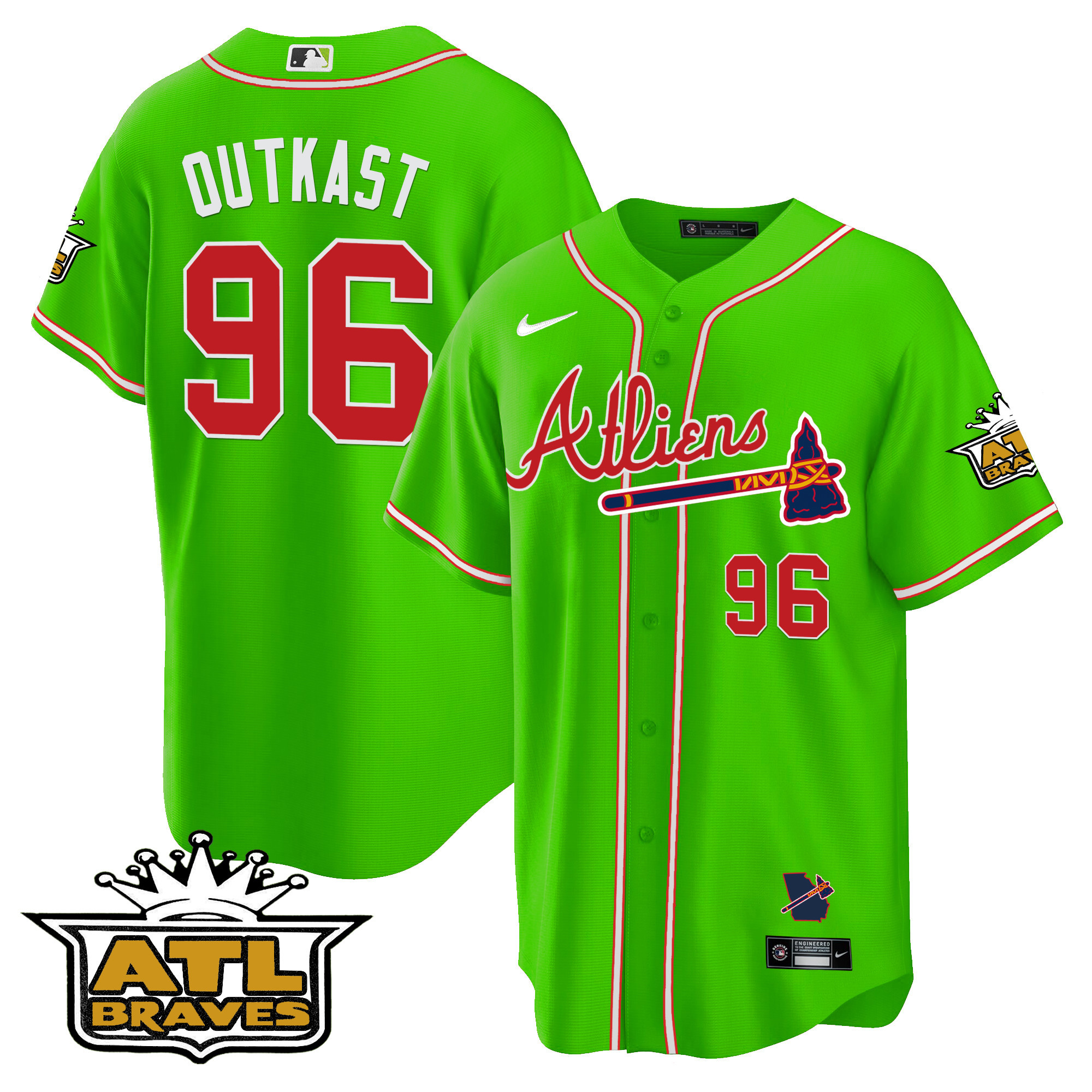 OutKast Men's Atlanta Braves Atliens ATL Patch Cool Base Bright Green Jersey - All Stitched