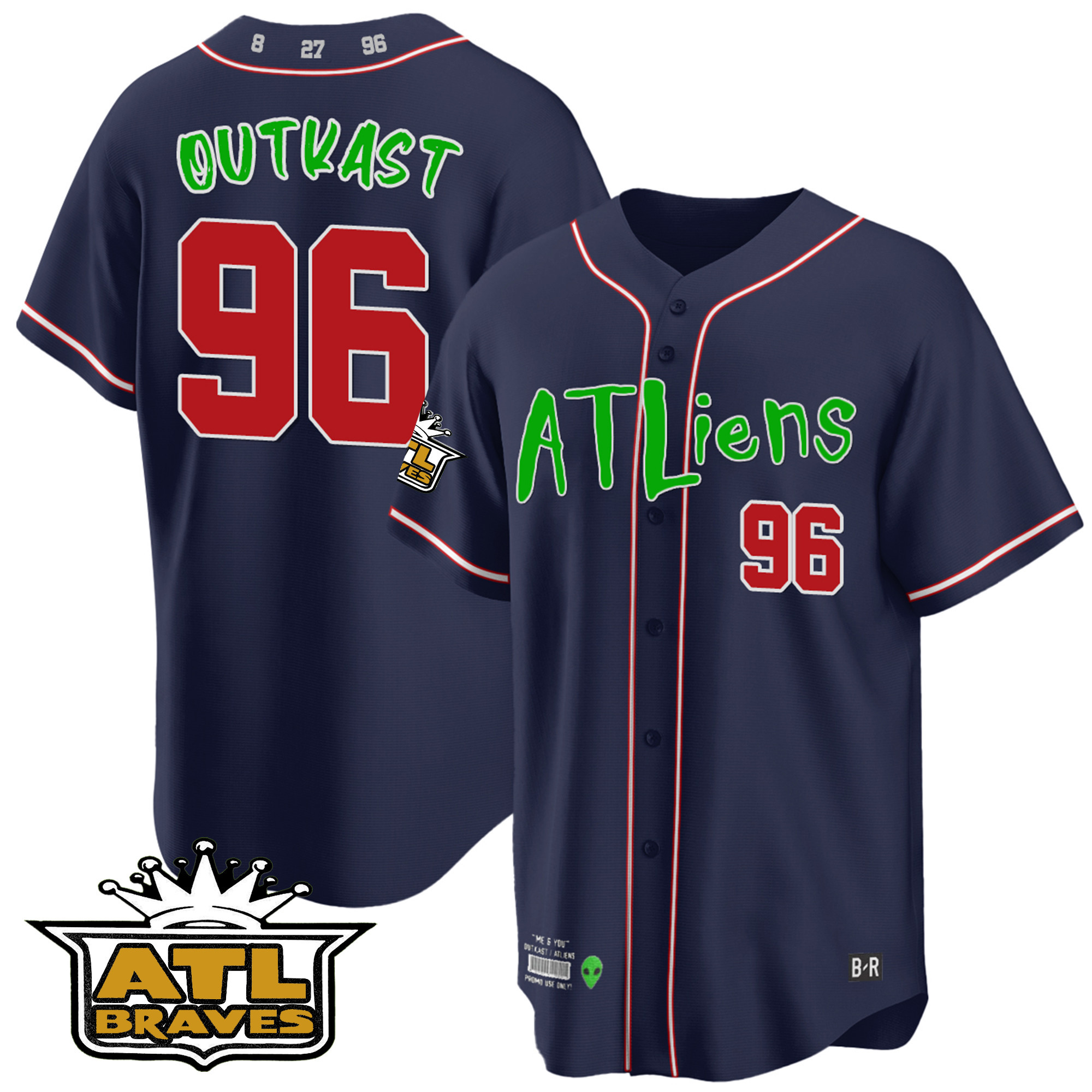 OutKast Men's Atlanta Braves Atliens ATL Patch Cool Base Navy Jersey - All Stitched