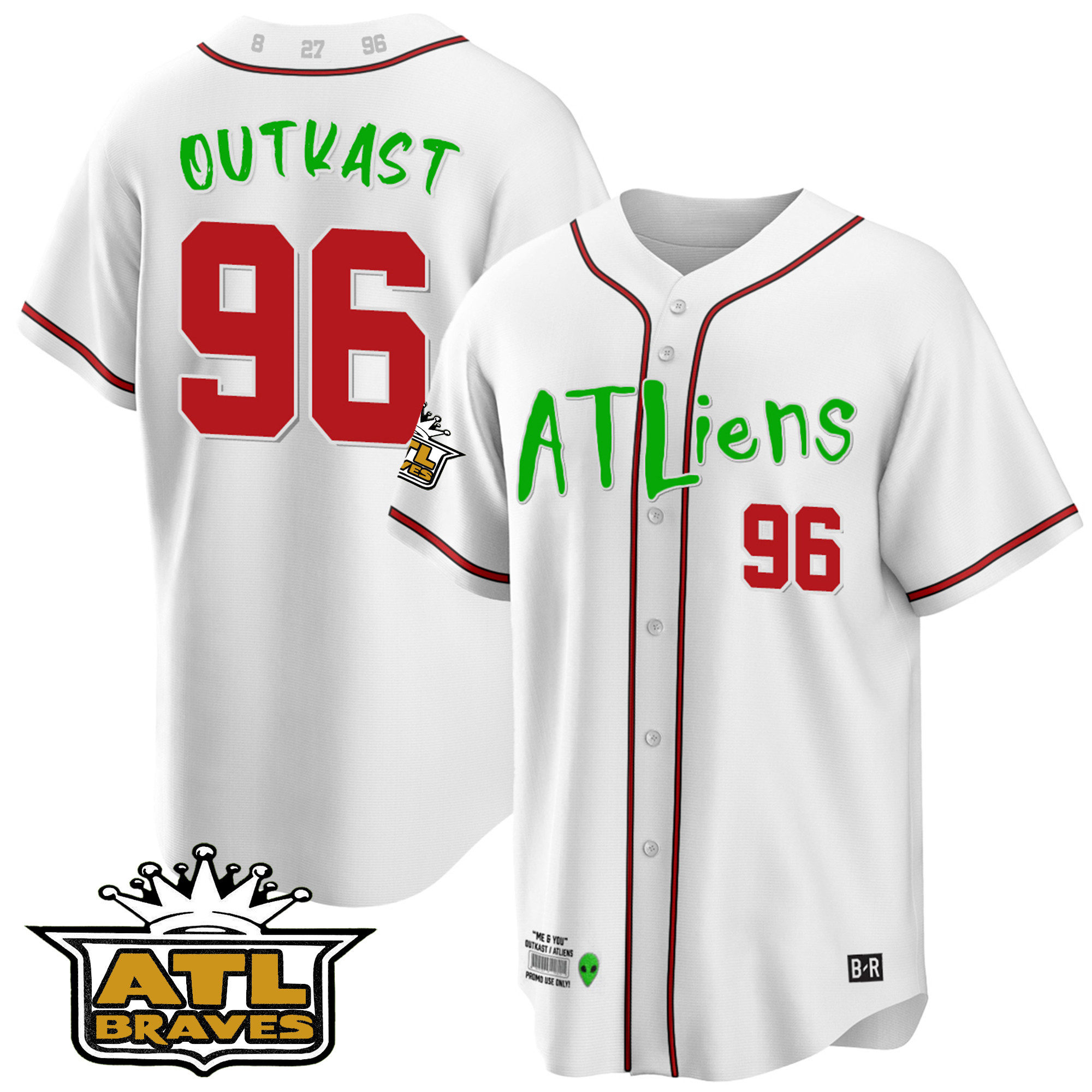 OutKast Men's Atlanta Braves Atliens ATL Patch Cool Base White Jersey - All Stitched