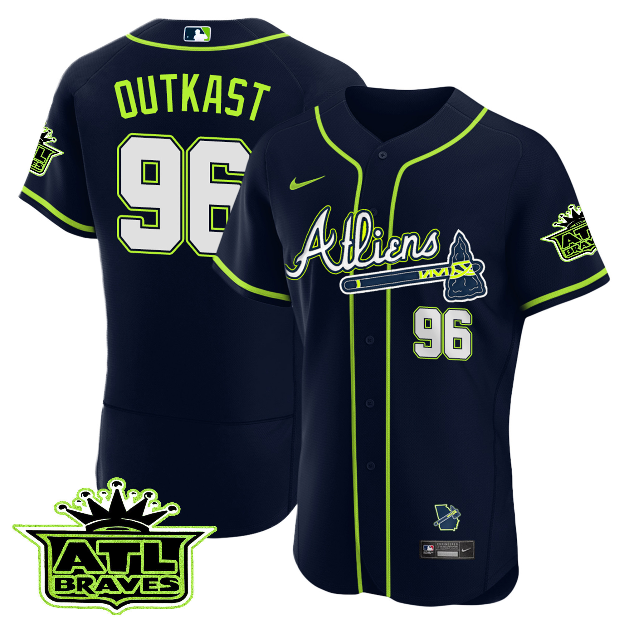 OutKast Men's Atlanta Braves Atliens ATL Patch Flex Base Jersey - All Stitched