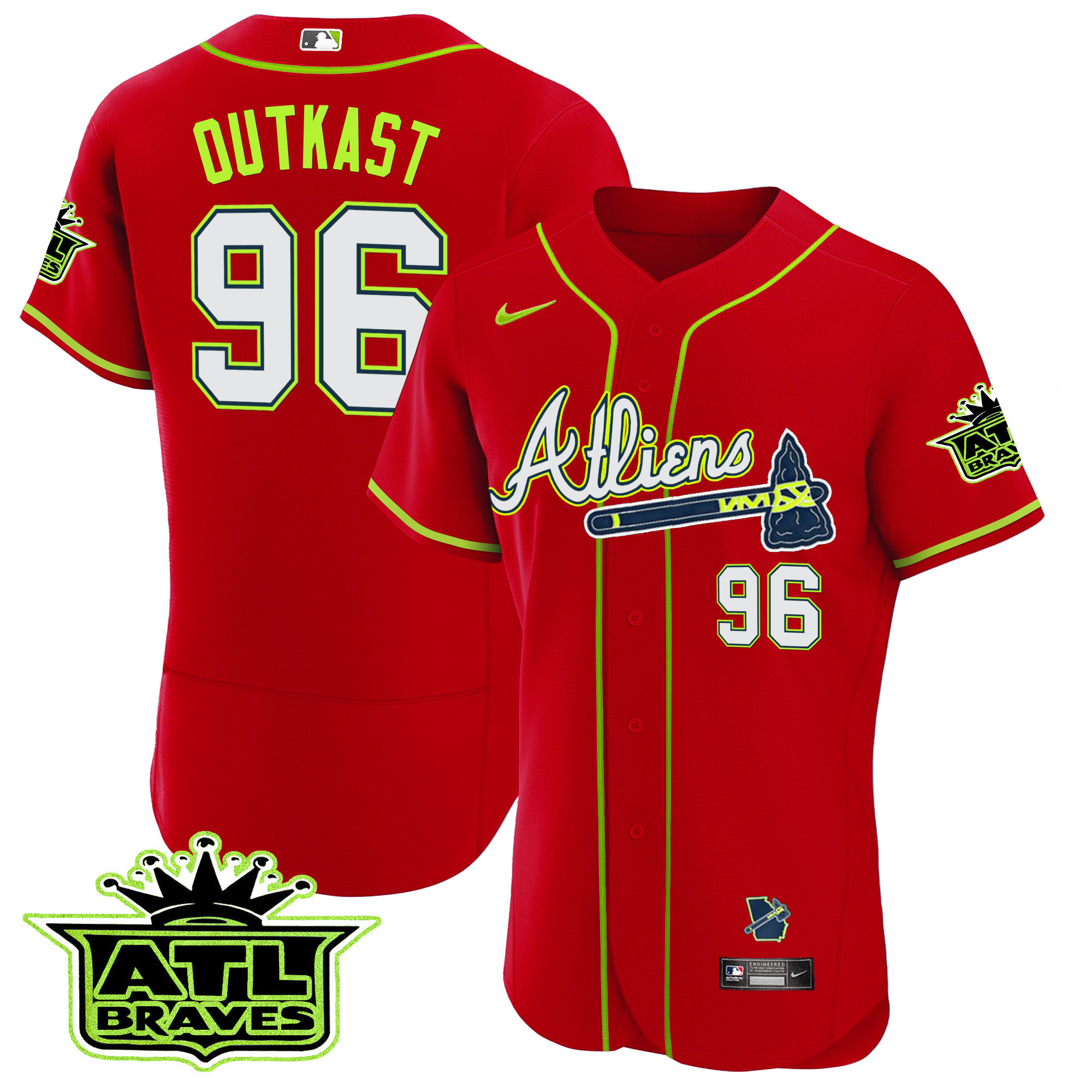 OutKast Men's Atlanta Braves Atliens ATL Patch Flex Base Red Jersey - All Stitched
