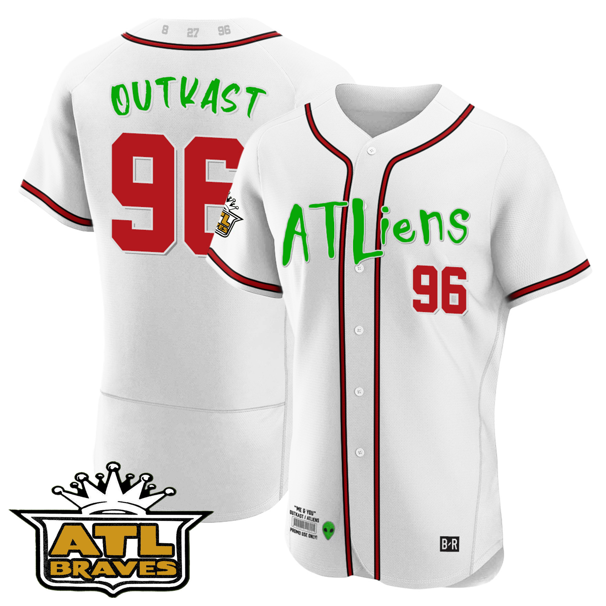 OutKast Men's Atlanta Braves Atliens ATL Patch Flex Base White Jersey - All Stitched