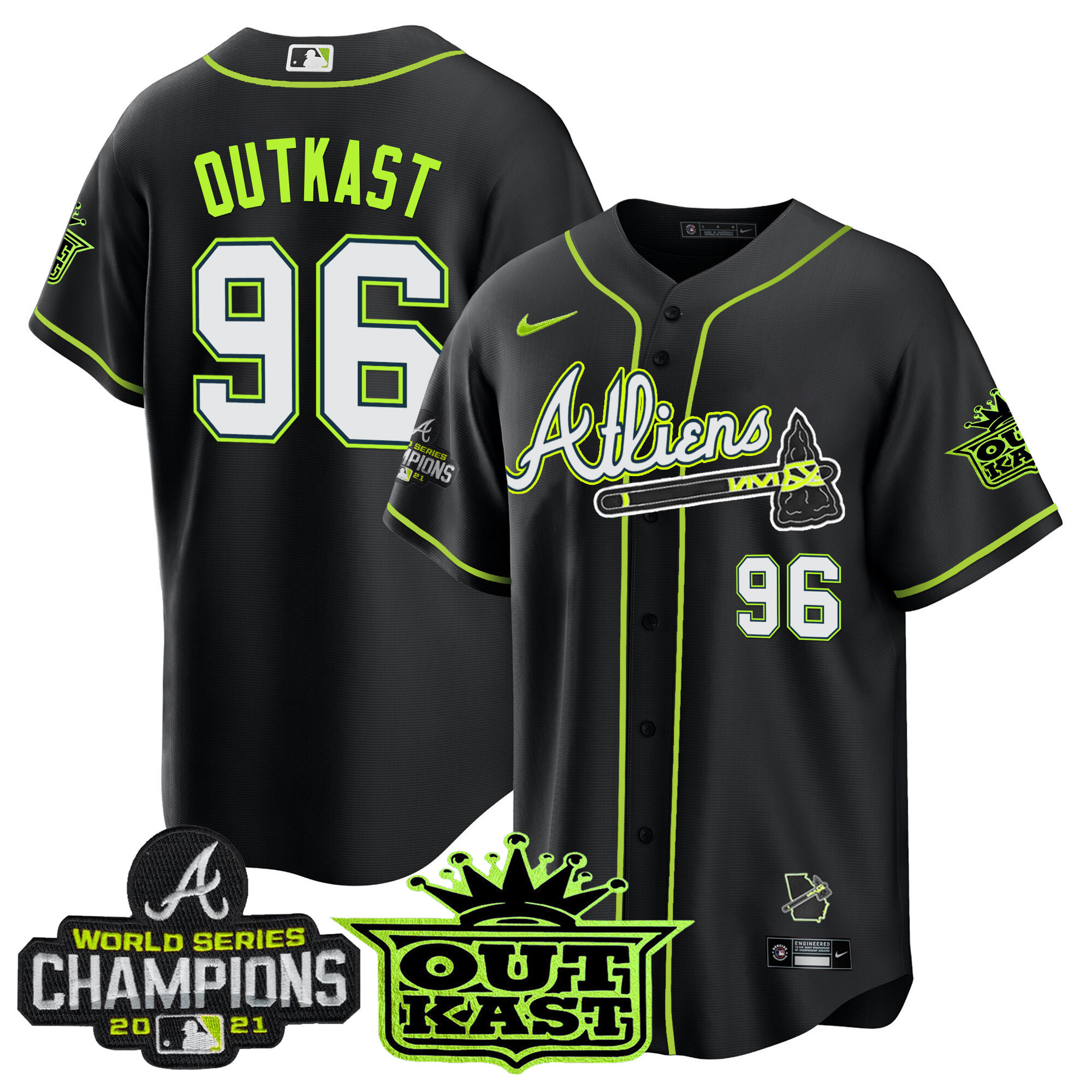 OutKast Men's Atlanta Braves Atliens Champions Cool Base Black Jersey - All Stitched