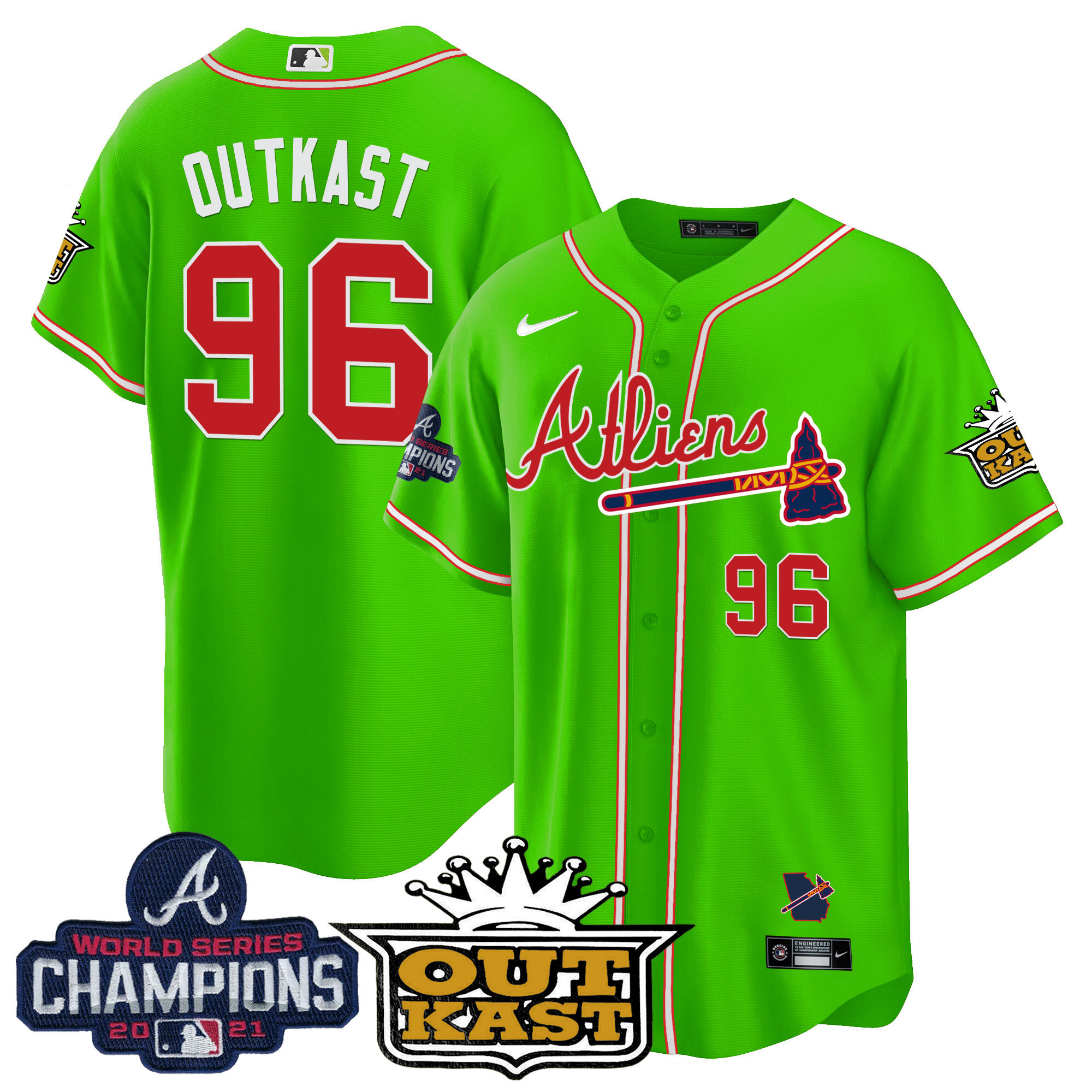 OutKast Men's Atlanta Braves Atliens Champions Cool Base Bright Green Jersey - All Stitched