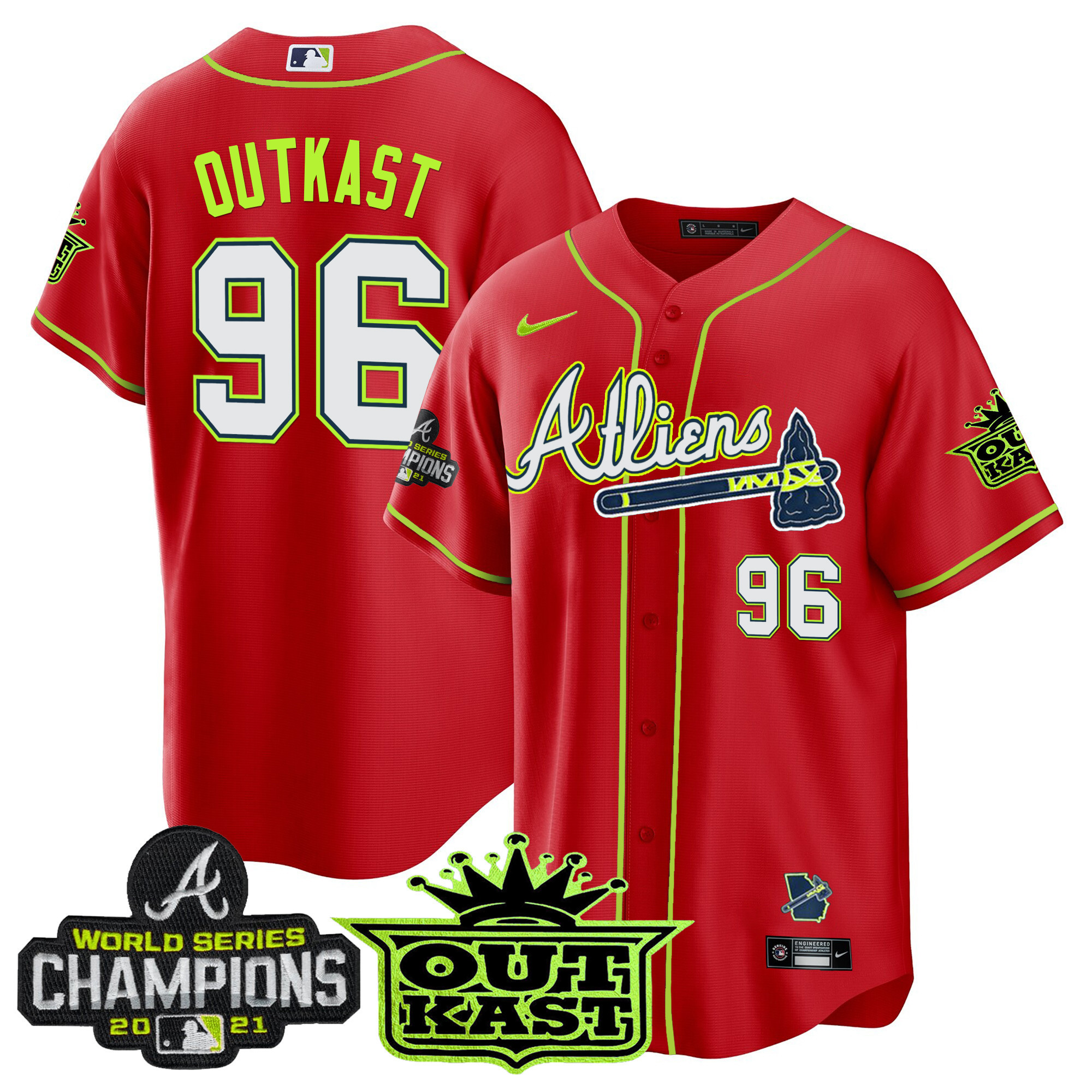 OutKast Men's Atlanta Braves Atliens Champions Cool Base Red Jersey - All Stitched