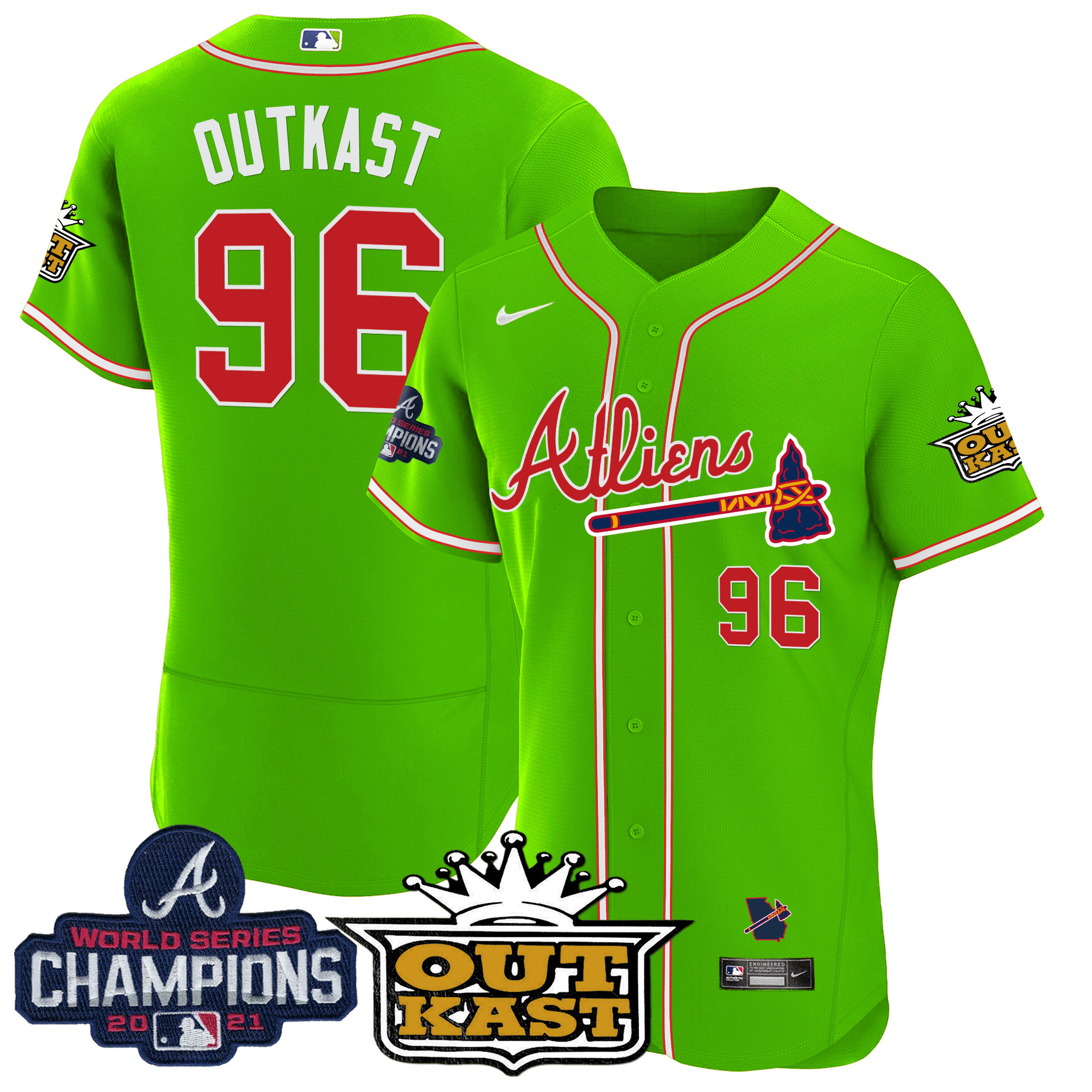 OutKast Men's Atlanta Braves Atliens Champions Flex Base Bright Green Jersey - All Stitched