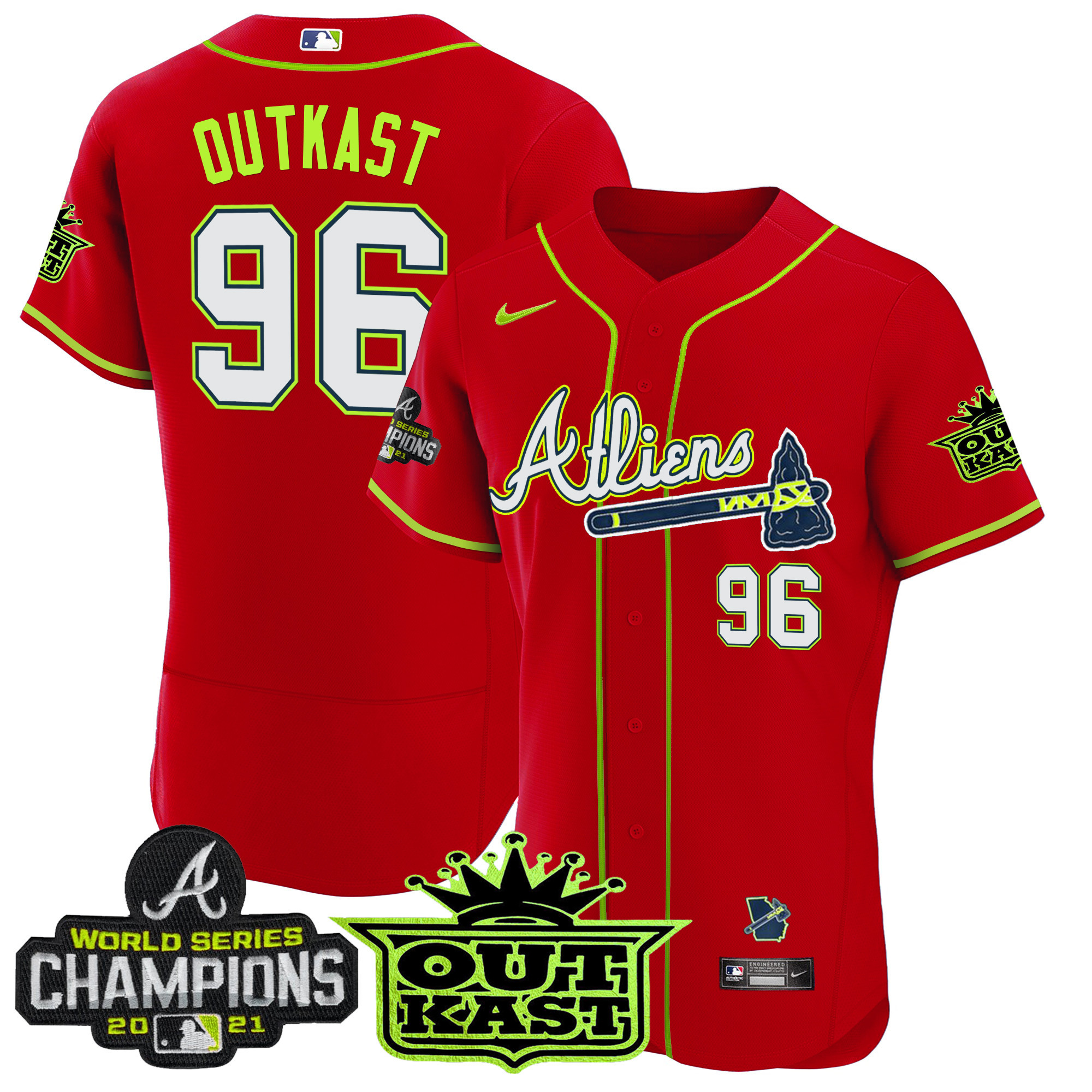 OutKast Men's Atlanta Braves Atliens Champions Flex Base Red Jersey - All Stitched