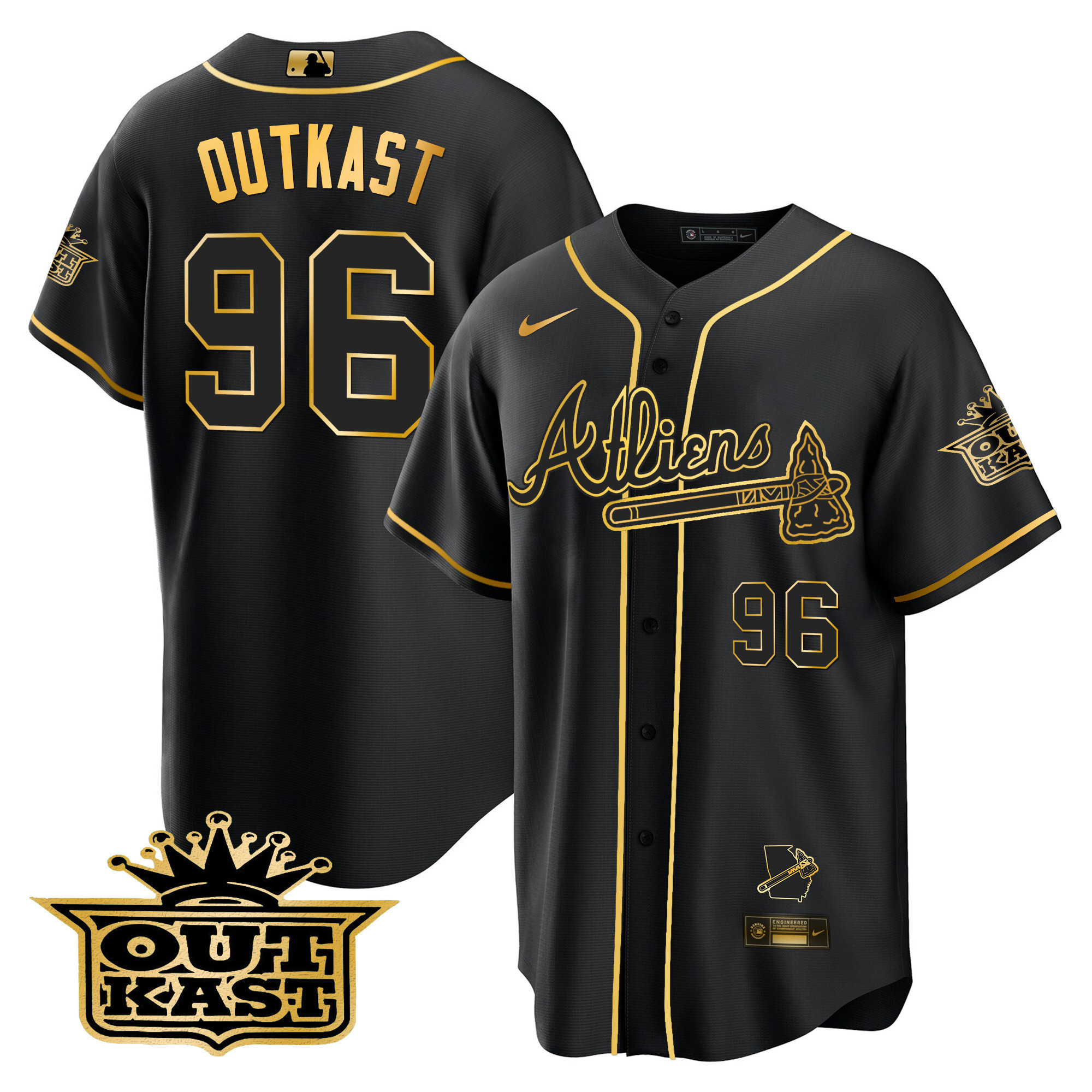 OutKast Men's Atlanta Braves Atliens Cool Base V2 Black Gold Jersey - All Stitched V27