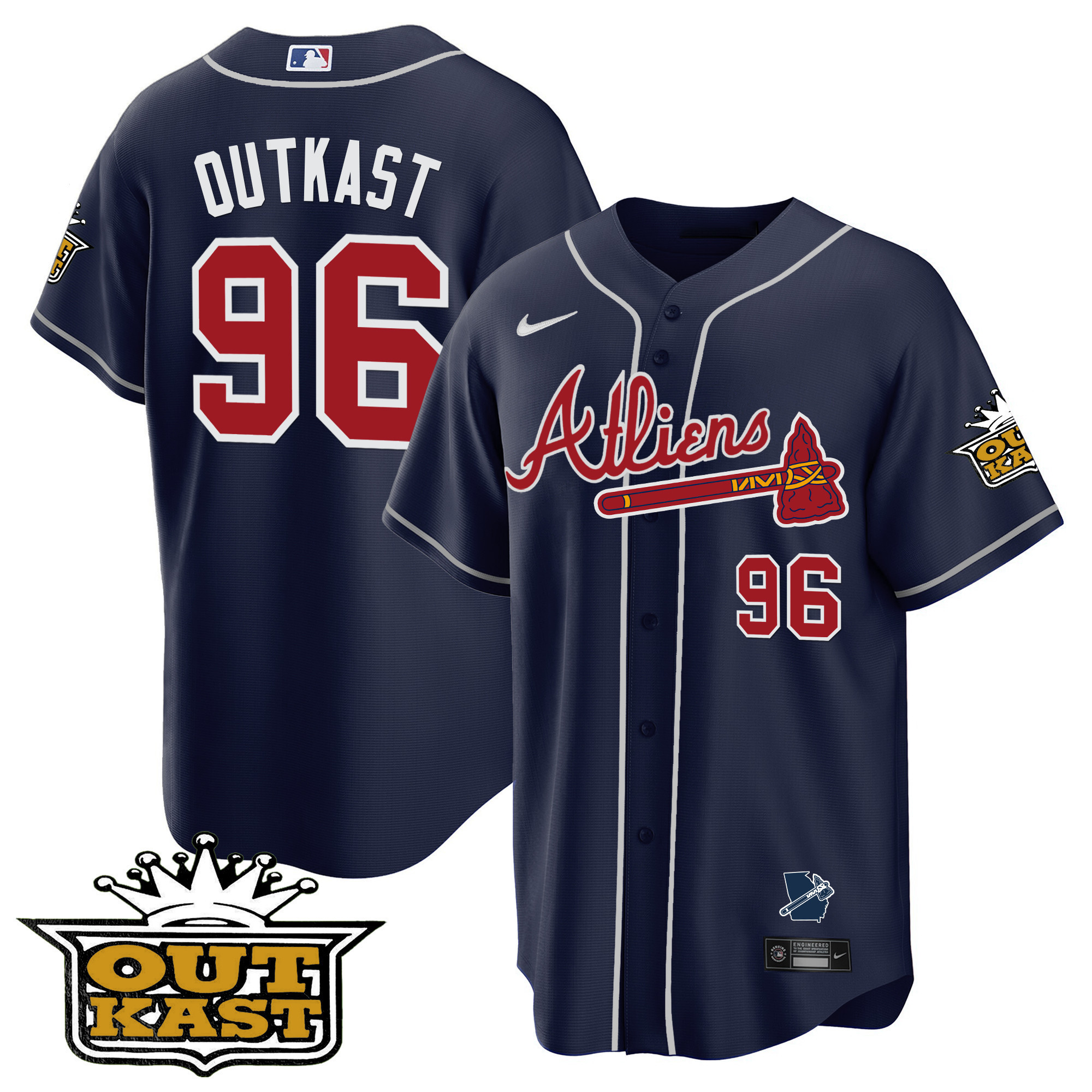 OutKast Men's Atlanta Braves Atliens Cool Base V2 Navy Jersey - All Stitched V96