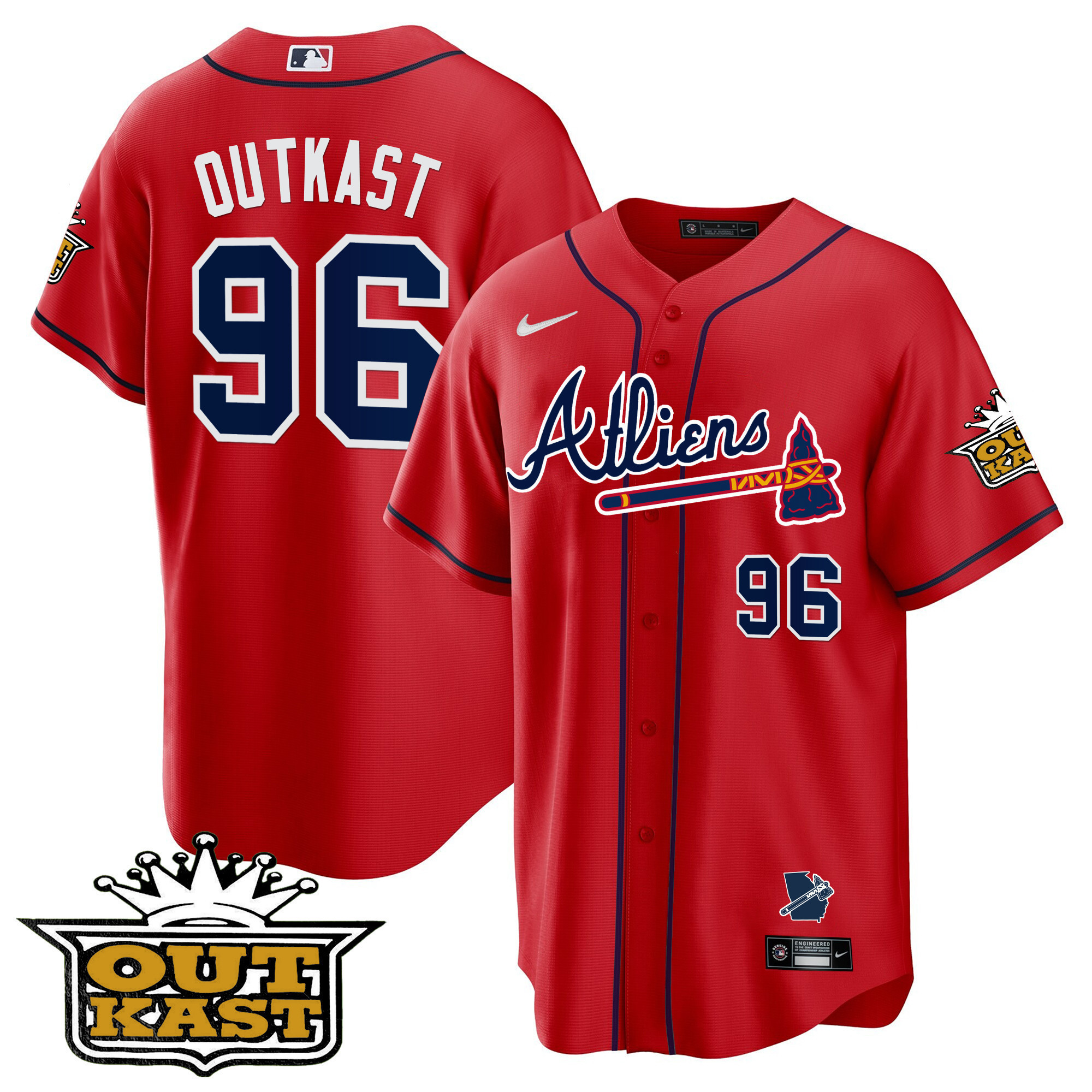 OutKast Men's Atlanta Braves Atliens Cool Base V2 Red Jersey - All Stitched V6