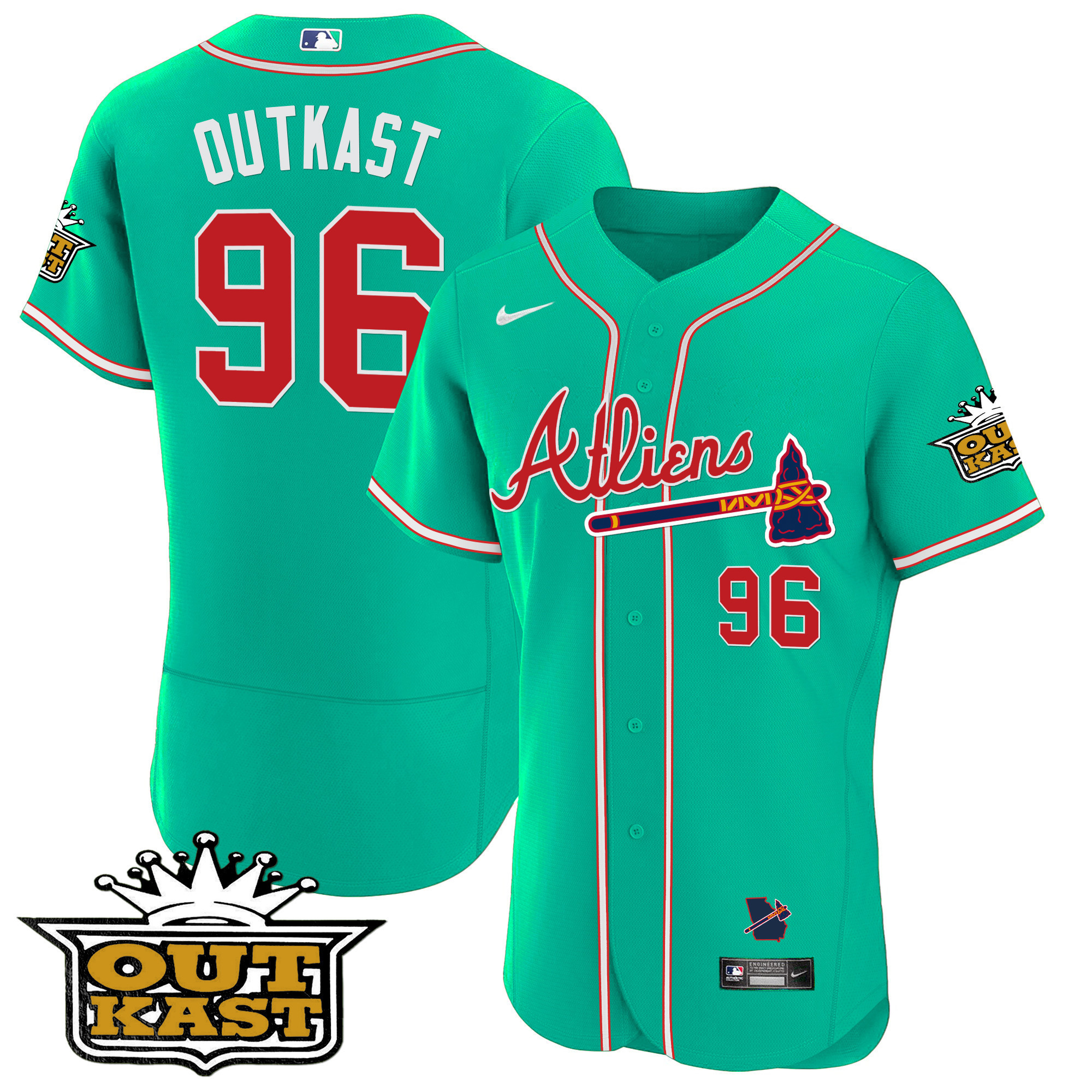 OutKast Men's Atlanta Braves Atliens Flex Base - Galaxy Version Cyan Jersey - All Stitched