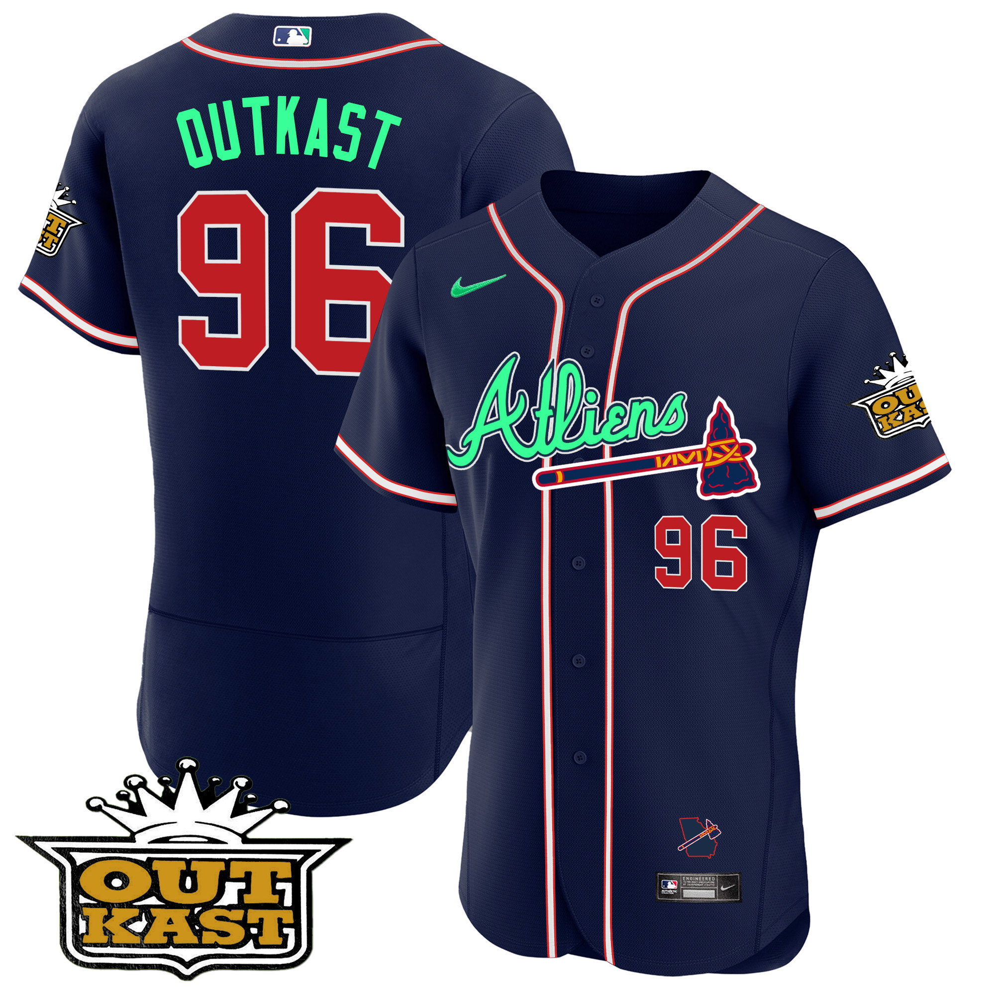 OutKast Men's Atlanta Braves Atliens Flex Base - Galaxy Version Navy Jersey - All Stitched