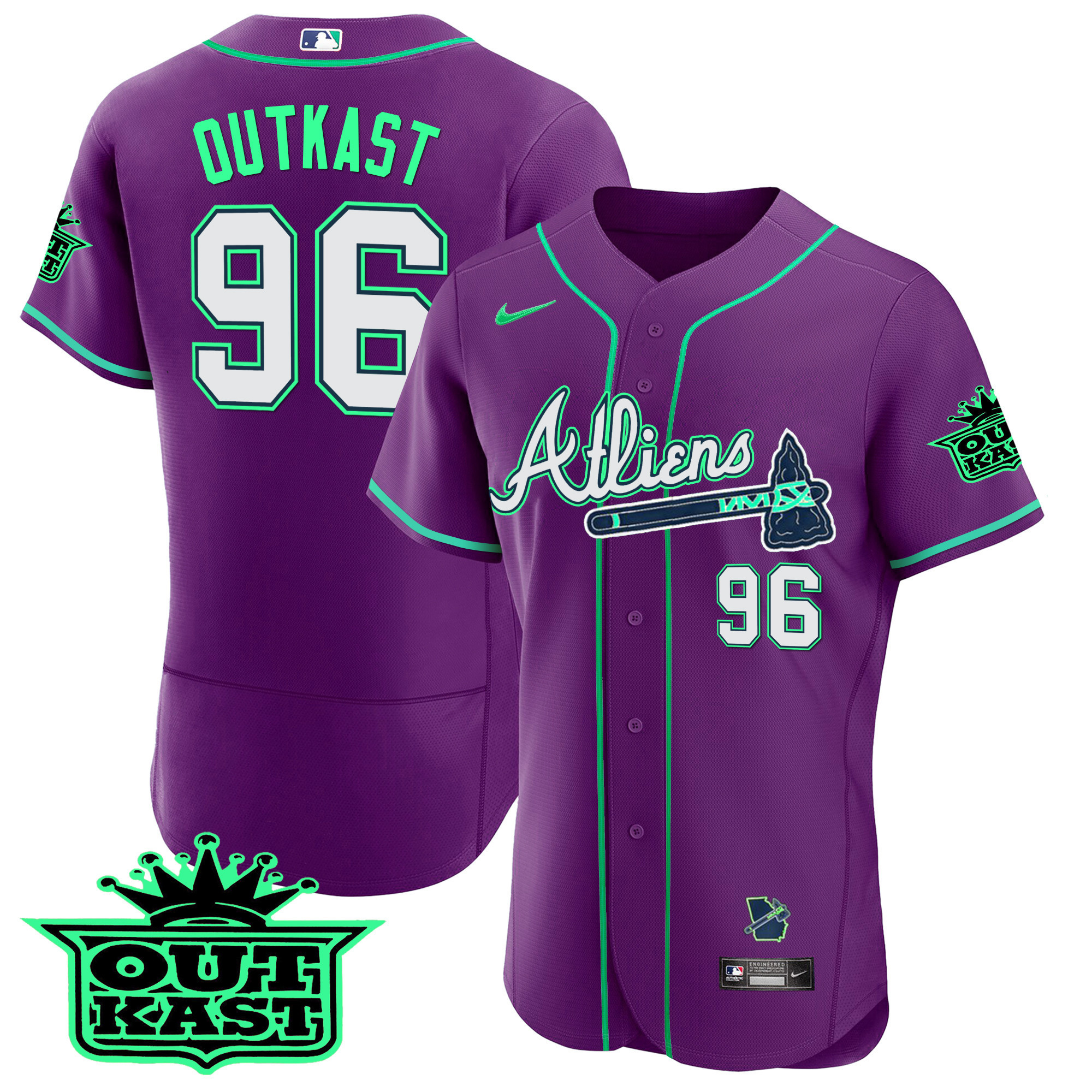 OutKast Men's Atlanta Braves Atliens Flex Base - Galaxy Version Purple Jersey - All Stitched