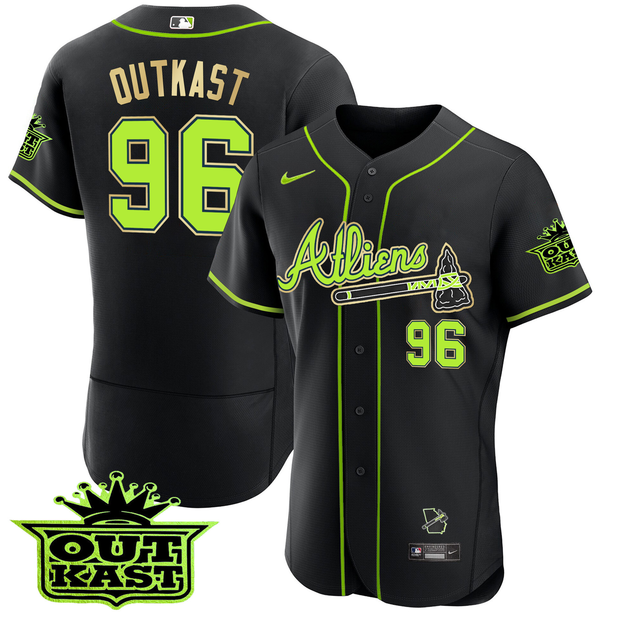 OutKast Men's Atlanta Braves Atliens Flex Base Gold Trim Black Jersey - All Stitched