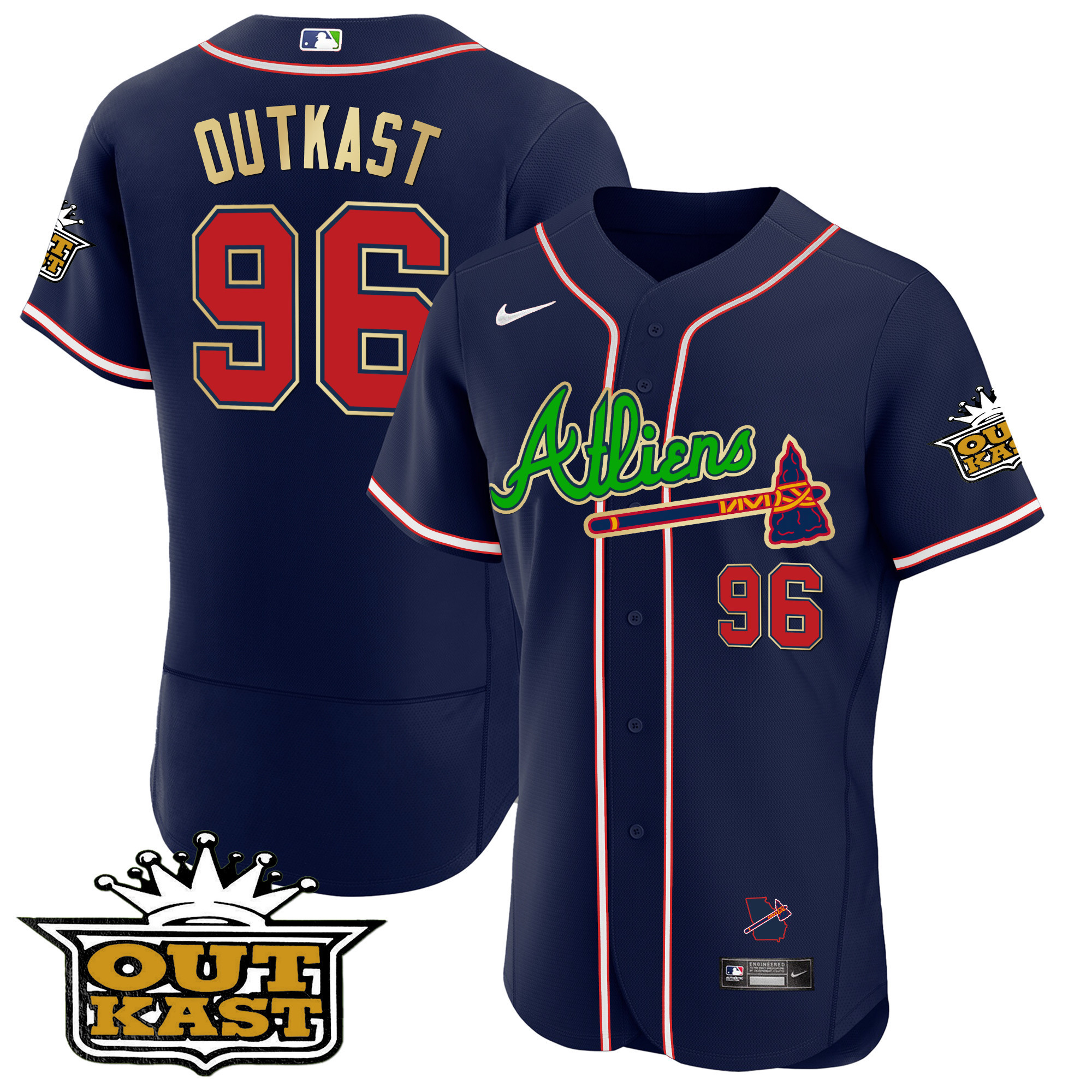 OutKast Men's Atlanta Braves Atliens Flex Base Gold Trim Navy Jersey - All Stitched