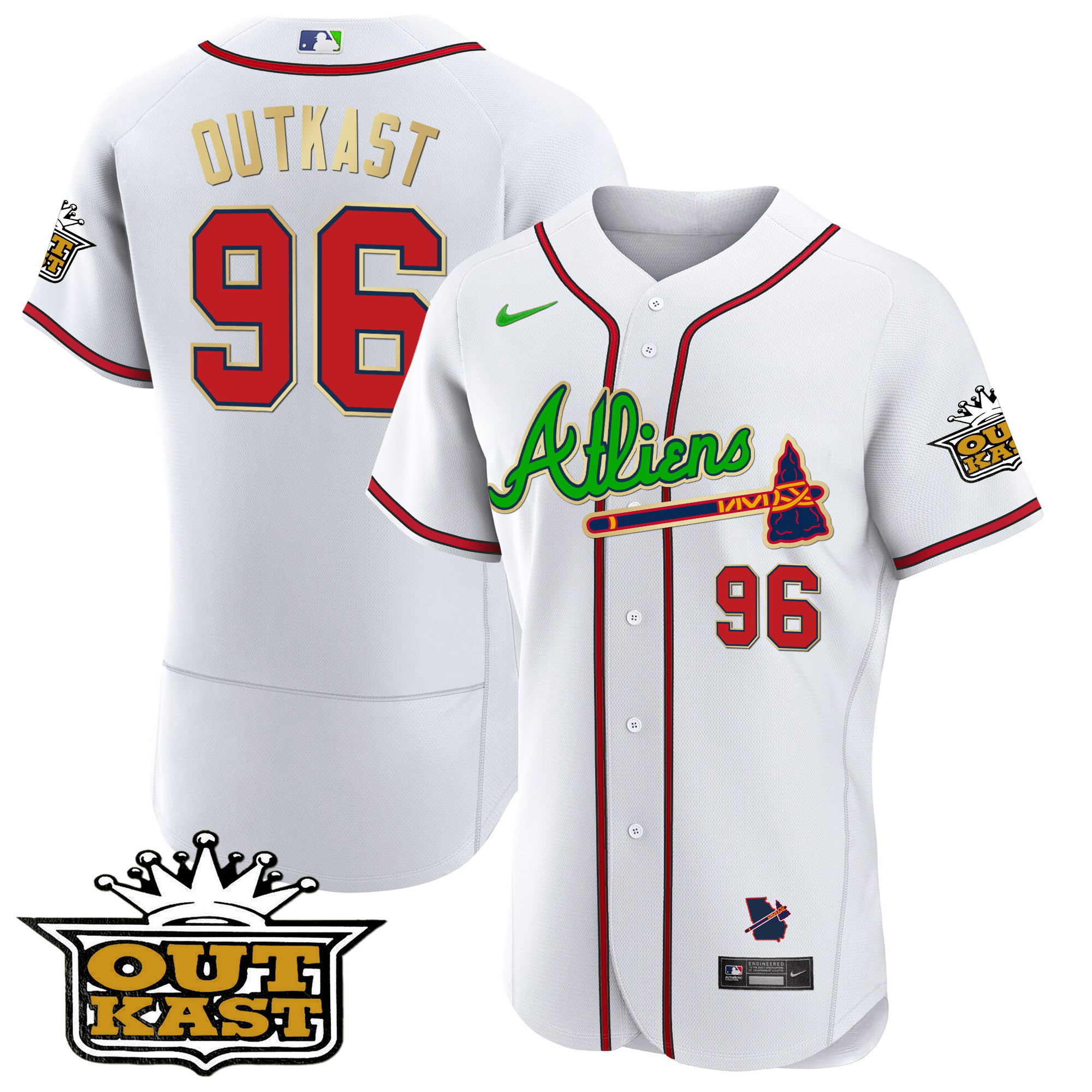 OutKast Men's Atlanta Braves Atliens Flex Base Gold Trim White Jersey - All Stitched