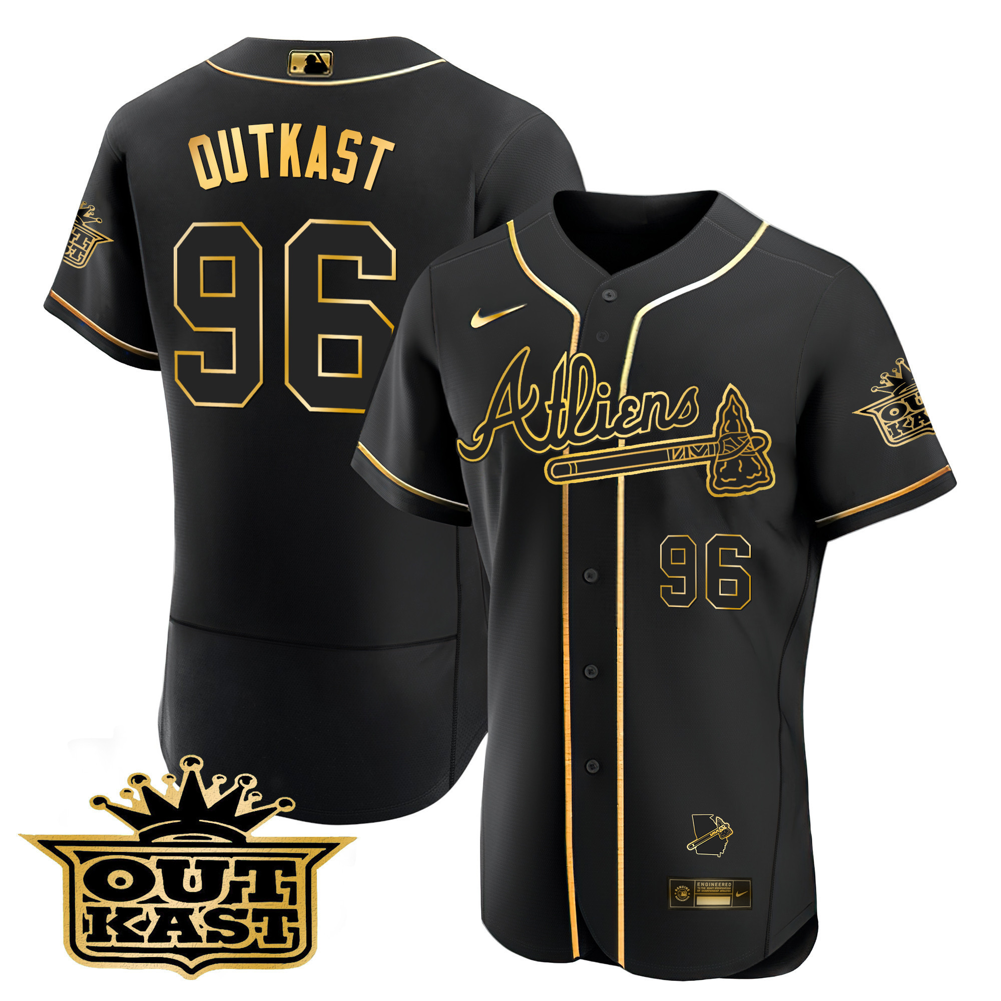 OutKast Men's Atlanta Braves Atliens Flex Base V2 Black Gold Jersey - All Stitched V5