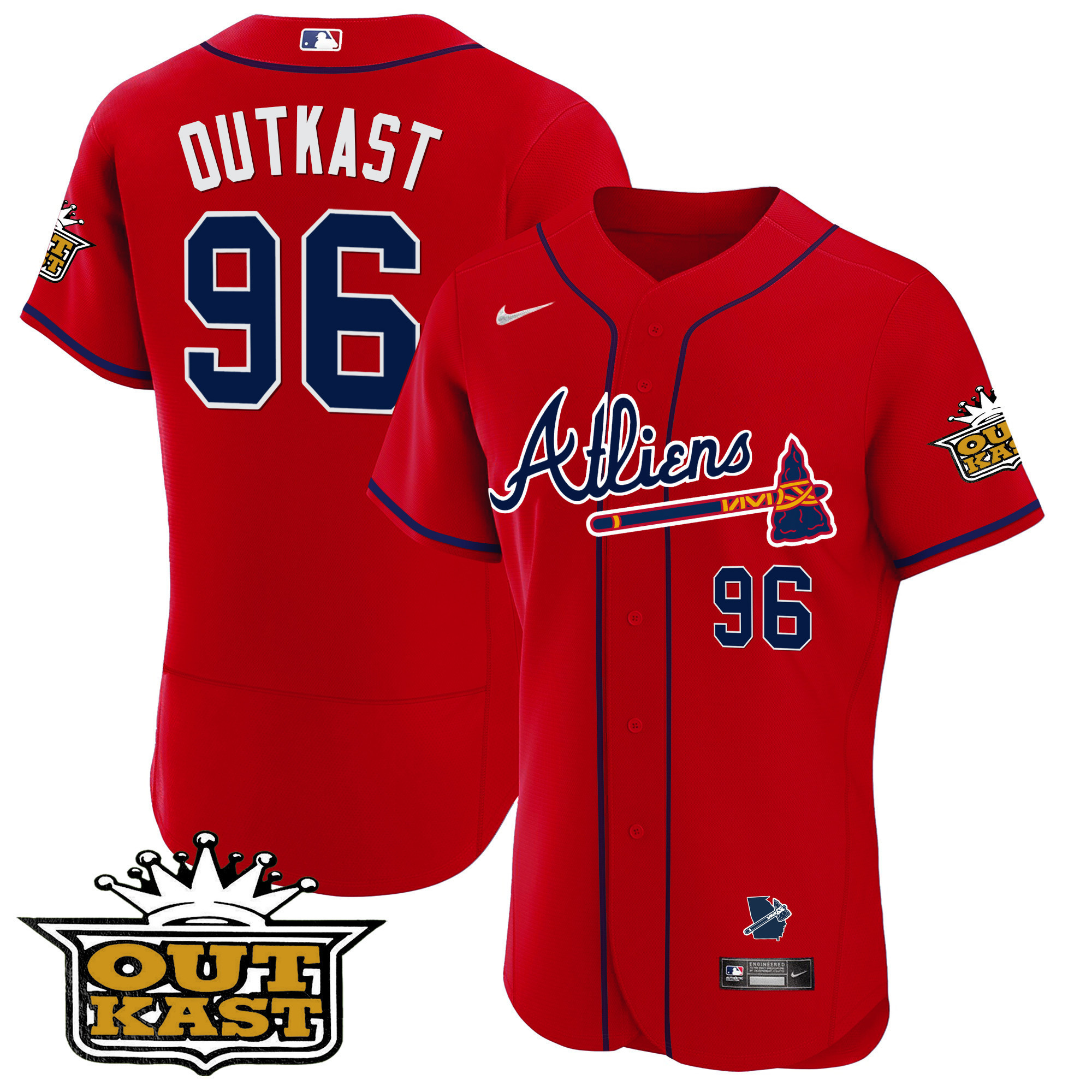 OutKast Men's Atlanta Braves Atliens Flex Base V2 Red Jersey - All Stitched V32