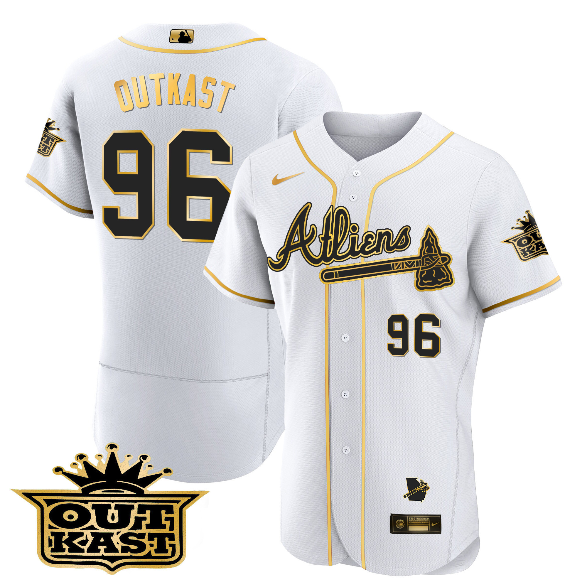 OutKast Men's Atlanta Braves Atliens Flex Base V2 White Gold Jersey - All Stitched V71
