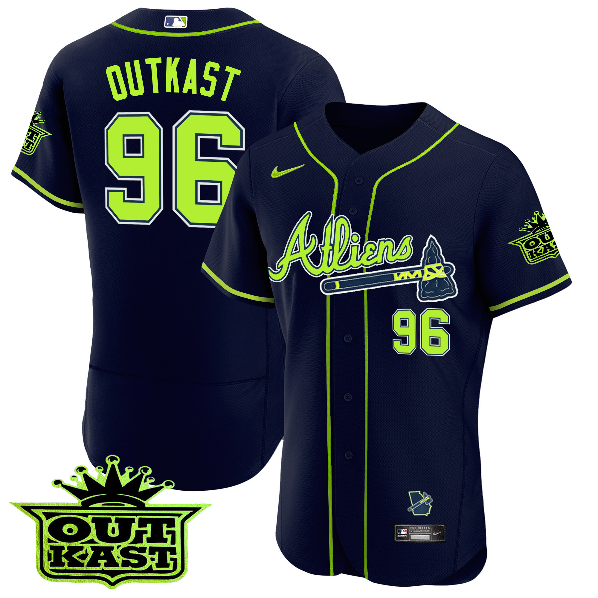 OutKast Men's Atlanta Braves Atliens Flex Base V3 Atliens Green Jersey - All Stitched