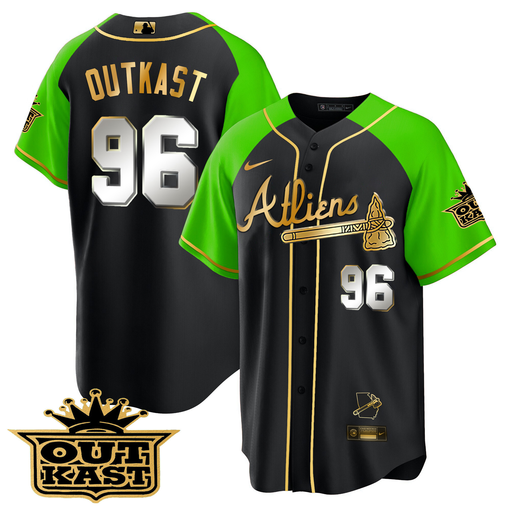 OutKast Men's Atlanta Braves Atliens Gold Alternate Cool Base Black Bright Green Jersey - All Stitched