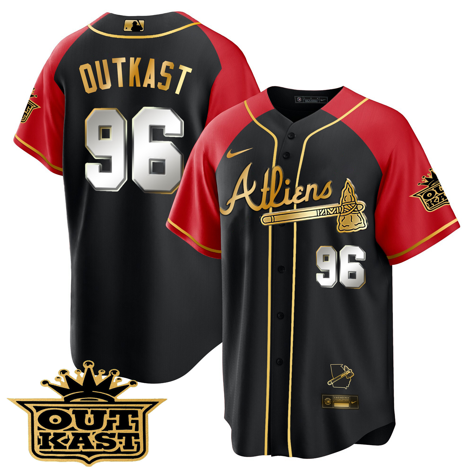 OutKast Men's Atlanta Braves Atliens Gold Alternate Cool Base Black Red Jersey - All Stitched